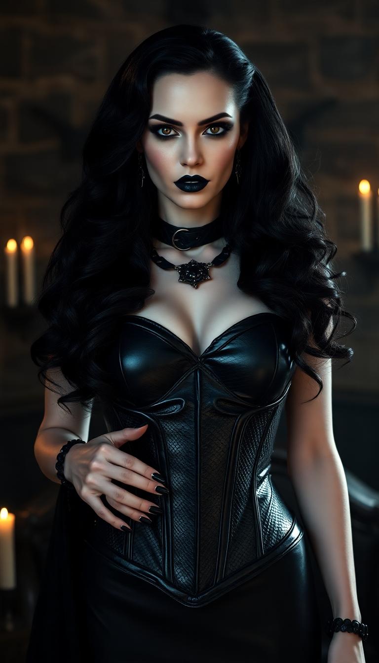A poised pale vampire queen with black hair cascading in thick heavy waves around her shoulders stands regally in a dimly lit medieval throne room, her dark black makeup accentuating piercing eyes, shiny black lips, and nails, while a shiny black latex dog collar adorns her neck. She wears a shiny black snakeskin latex corset embracing her large 44DD breasts, captured in photorealistic detail with dramatic candlelight casting long shadows on ancient stone walls, high-resolution cinematic style, DSLR photo with shallow depth of field and 8K ultra-detailed textures.