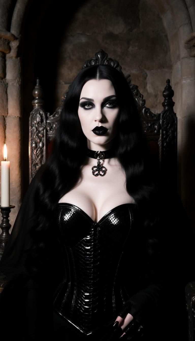 A poised pale vampire queen with black hair cascading in thick heavy waves around her shoulders stands regally in a dimly lit medieval throne room, her dark black makeup accentuating piercing eyes, shiny black lips, and nails, while a shiny black latex dog collar adorns her neck. She wears a shiny black snakeskin latex corset embracing her large 44DD breasts, captured in photorealistic detail with dramatic candlelight casting long shadows on ancient stone walls, high-resolution cinematic style, DSLR photo with shallow depth of field and 8K ultra-detailed textures.
