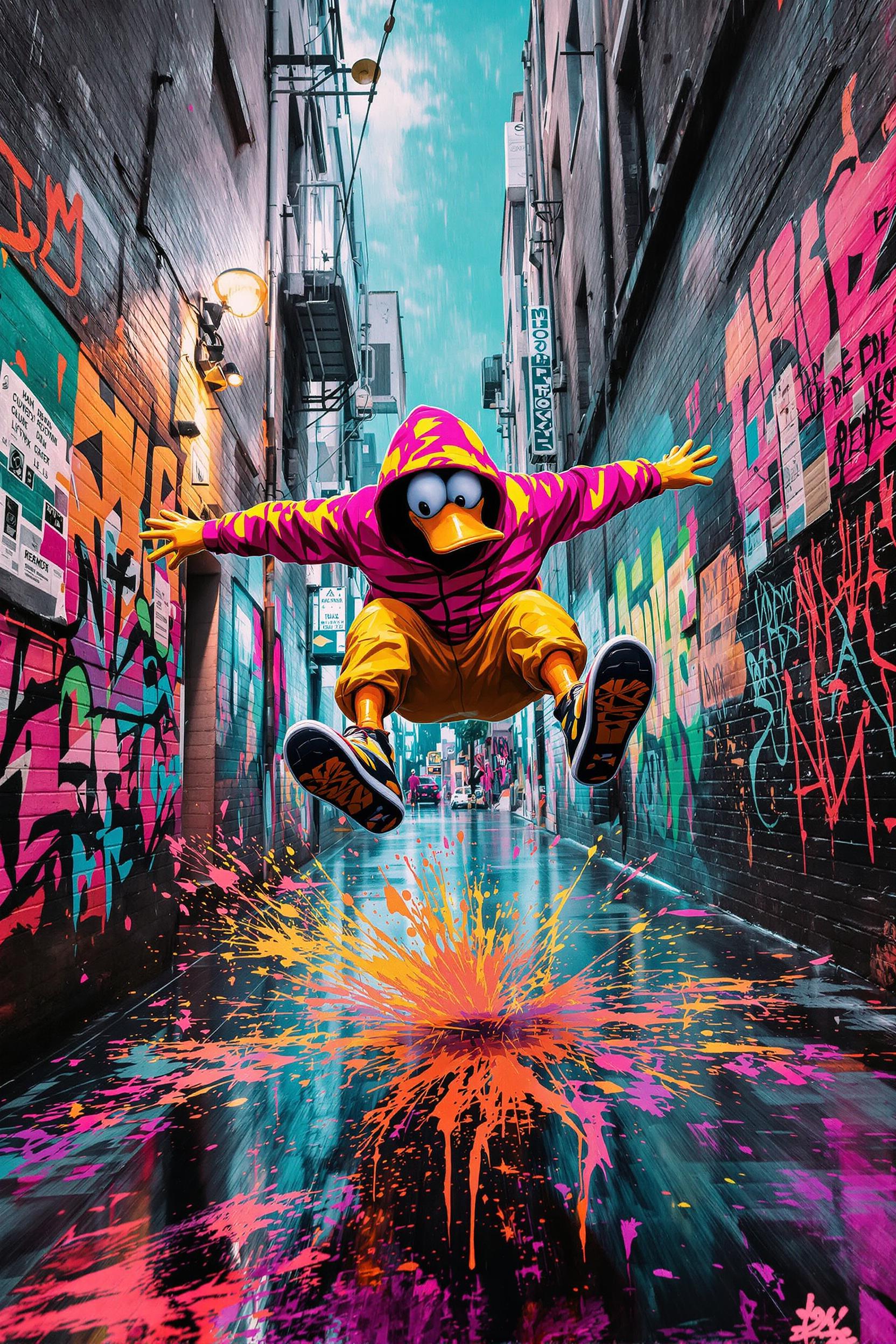 (Anthropomorphic duck in neon hoodie kick-flipping down a rain-slick alley of graffiti tags), (vibrant comic-street art fusion with ink drip), (spray-paint mural style) inspired by (Graffiti Art) and (Banksy stencil minimalism), (street, animal, skate culture, wet asphalt reflections), (playful urban rebellion), (back-lit sodium vapour haze, city bounce lights), (dynamic low-angle wide-lens perspective, motion blur trails), (electric teal #00D4FF, flaming orange #FD6B27, pops of magenta), (alley walls plastered with torn posters and fresh tags), (acrylic splatter & concrete texture overlay), (1980s Neo-Expressionist energy strokes), (64 K 300 dpi gloss-print, frame rate 24 fps, seed 77701, inference steps 36, guidance scale 7.5) --no violet --no soft focus --chaos 30 --ar 2:3 --exp 60 --raw --stylize 720