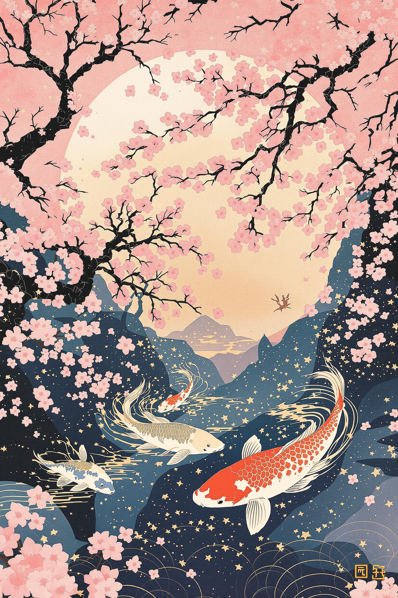 124k ultra-detailed ink-style illustration fused with woodblock texture samurai or koi under cherry blossoms soft ambient glow from paper lantern sweeping curved composition pastel pinks, deep indigo, gold leaf accents grain overlay texture like washi paper high-contrast silhouette edges --chaos 25 --ar 2:3 --stylize 850