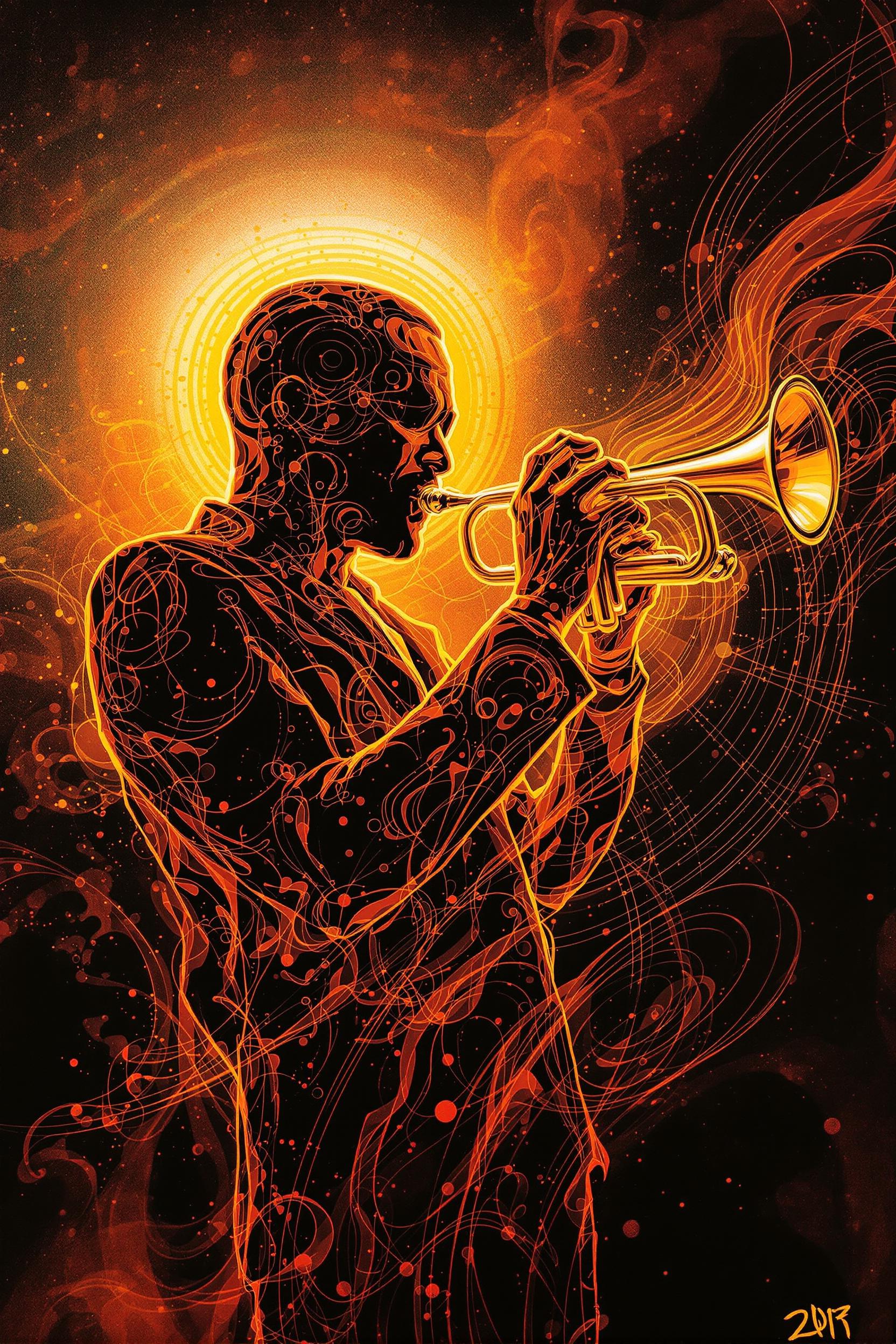 Legendary jazz trumpeter silhouette forged in molten brass light, soundwaves ripple as concentric neon glyphs, ultrasharp graphic-novel realism with chrome edge-highlights, digital airbrush on aluminum, inspired by Modern Expressionism and David Stone Martin’s Blue-Note cover art, keywords icon rhythm heritage, electrifying pulse of improvisation, spotlight rim-light against ink-black void with burnt-orange smoke, dramatic worm’s-eye perspective tilting bell toward viewers, palette of molten gold sunset vermilion obsidian, background abstract equalizer bars pulse in syncopated pattern, overlay of subtle vinyl-groove texture, mid-century bebop posterism, 300 K resolution 300 dpi sonic-metal clarity, --no violet --no watermark --chaos 18 --ar 2:3 --seed 58216 --exp 61 --raw --stylize 740