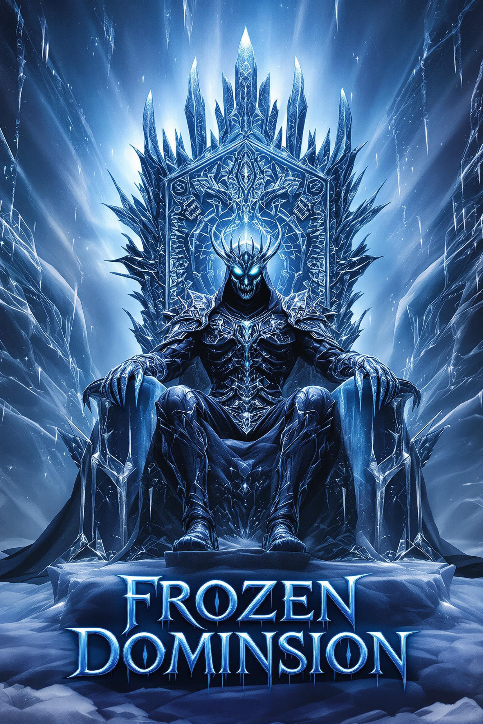 Lich king seated on ice throne, centered. Electroplated obsidian armor with brushed steel grain, frost patina in sapphire blue. Eyes: Subsurface scattering in necrotic green, piercing through volumetric blizzard. Background: Frozen wasteland with engraved skeletal ruins (macro texture), aurora borealis with holographic foil. Foreground: Icicles with caustic refraction patterns. Typography: Debossed 'FROZEN DOMINION' in jagged runes (0.5mm depth, vector-perfect), metallic flake in clear coat. F/22 deep focus, rule of thirds. 36x48 inch at 300 DPI, UV-reactive ink on eyes, matte/gloss contrast. No soft focus, no painterly brushstrokes, no distorted textures. --chaos 25 --ar 2:3 --exp 25 --stylize 850