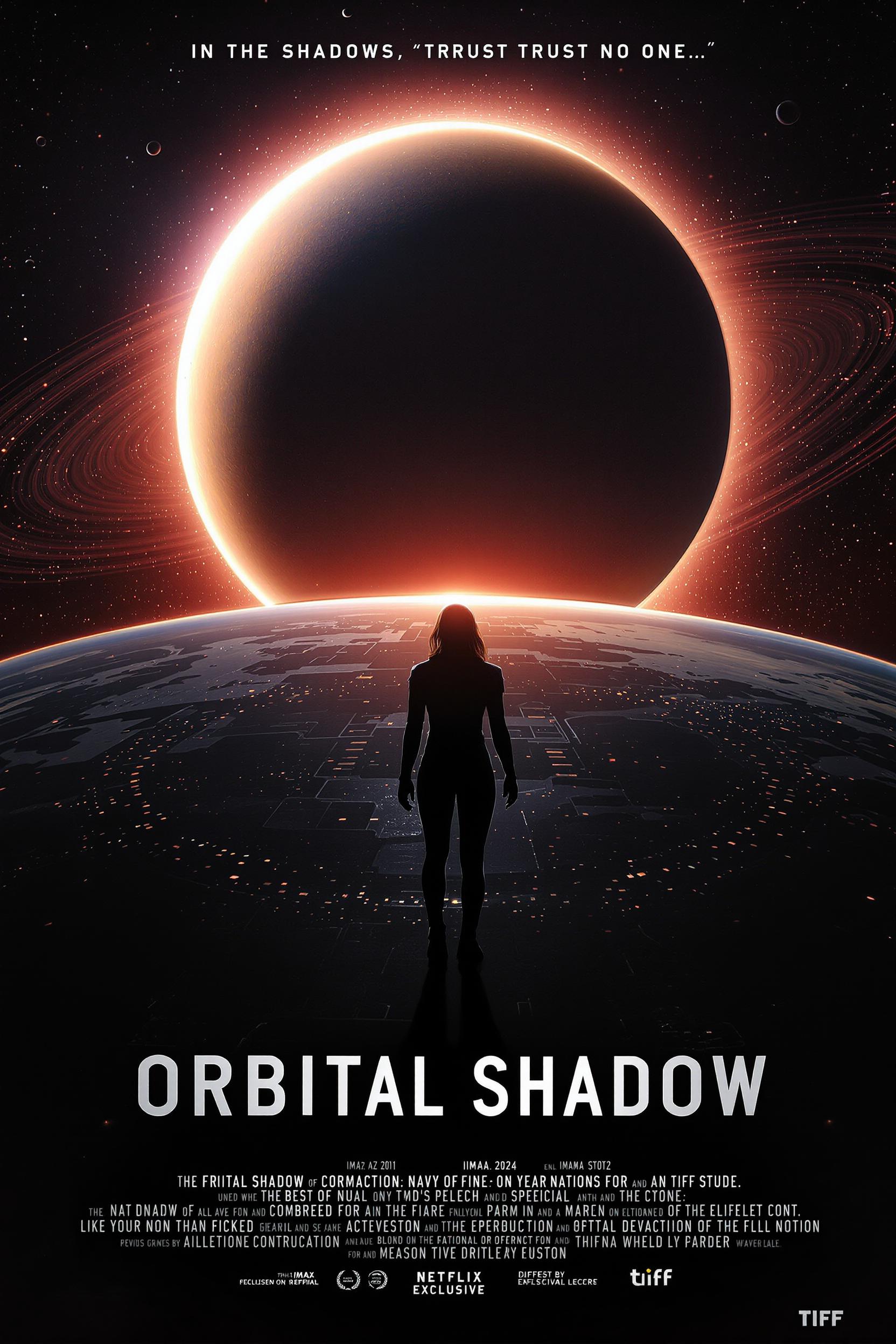 Design a cinematic sci-fi poster for "ORBITAL SHADOW". A shadowy operative infiltrates a orbital station, facing a eclipsing planetary shadow over a ringed gas giant, dark silhouettes cast behind her from the station's emergency lights. Swirling orbital debris rings, eclipsed moons, and faint satellite signals stretch across the shadowed orbit. Eclipsed dim light from the planet reflects off the operative's stealth suit. Use film grain, wide lens flares, and hazy orbital haze lighting. Color palette: shadowed navy, betrayal red, and stealth graphite. Typography: Movie title "ORBITAL SHADOW" in stealth graphite block font, centered bottom. Tagline above the horizon: "In the shadows, trust no one…" in narrow, uppercase serif. Add subtle film credits in minimalist block layout beneath the title. Include two small TIFF festival laurels flanking bottom corners. Poster style: IMAX 2024 teaser, 24x36 inches adjusted to 2:3 aspect ratio, cinematic realism, moody shadows, dramatic depth. Style like a Netflix sci-fi exclusive or Ridley Scott production. Use subtle top fade for optional actor names or hook text --chaos 25 --ar 2:3 --stylize 850