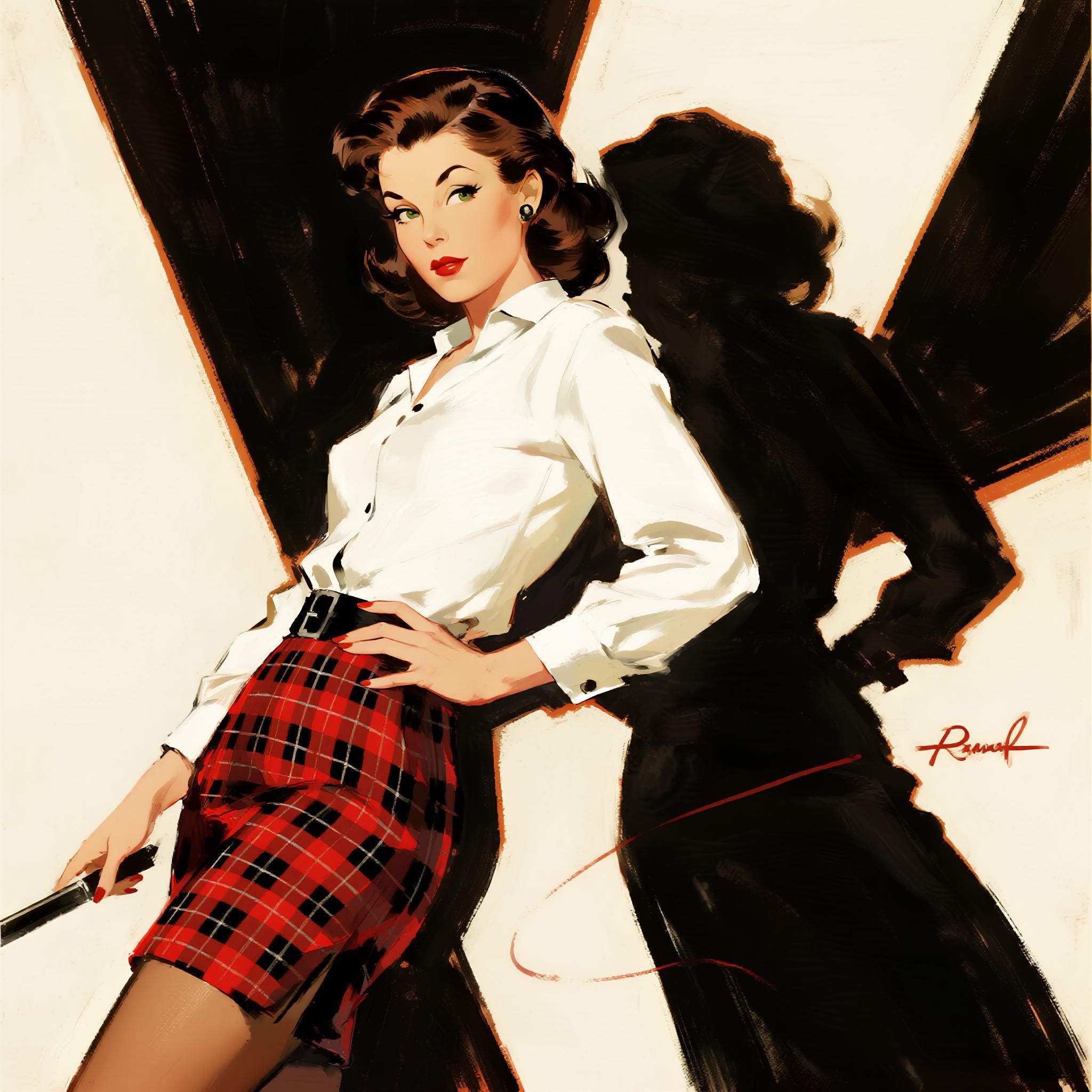 A captivating illustration of a woman wearing a crisp white shirt and a sleek red and black plaid skirt, rendered in the iconic pulp art style of Rudolph Belarski. Her pose is dynamic and confident, set against a dramatic, shadowy background with bold contrasts and vibrant highlights typical of 1940s magazine covers. The artwork features meticulous attention to detail in her expression and clothing textures, with a retro color palette of warm tones and deep blacks.