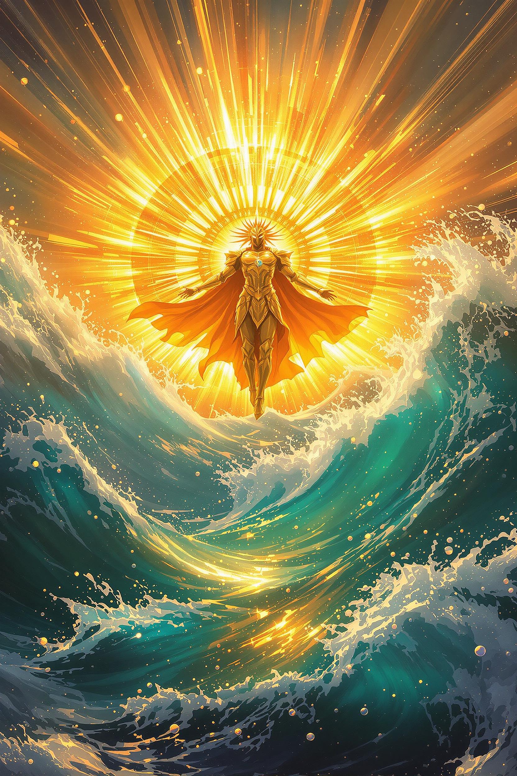 Heroic sun deity emerging from ocean horizon, golden armor and flowing cape, cinematic fantasy painting, mythological theme, blazing sunbeams and ocean spray shimmer, molten gold and turquoise palette, triumphant and awe-inspiring tone, dynamic low-angle, print-ready 300 DPI --ar 2:3 --vivid