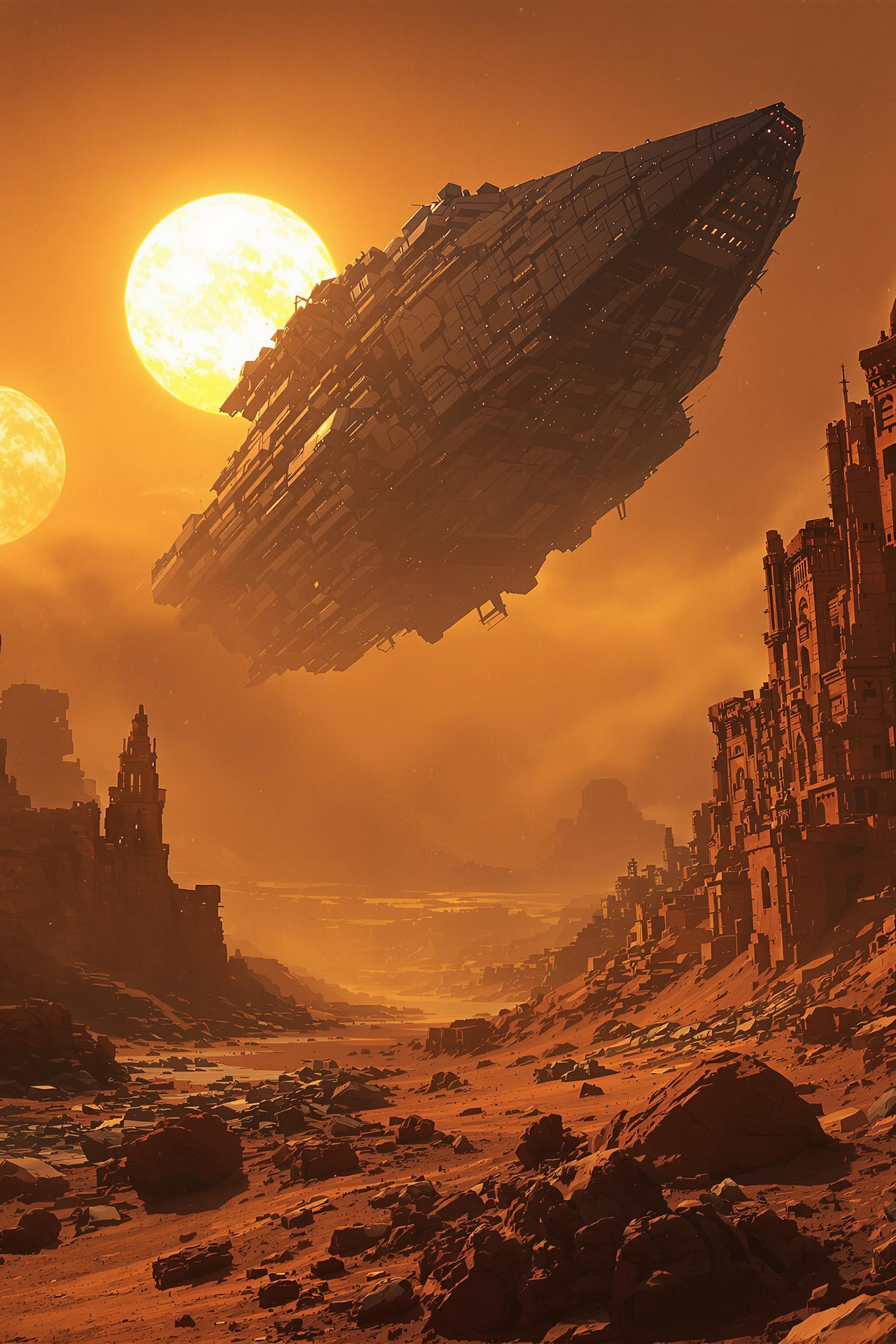 Massive starship hovering over desert ruins, cinematic science fiction, dust storms lit by twin suns, burnt orange and deep navy palette, epic and foreboding tone, low-angle dramatic view, 124K resolution --ar 2:3 --vivid