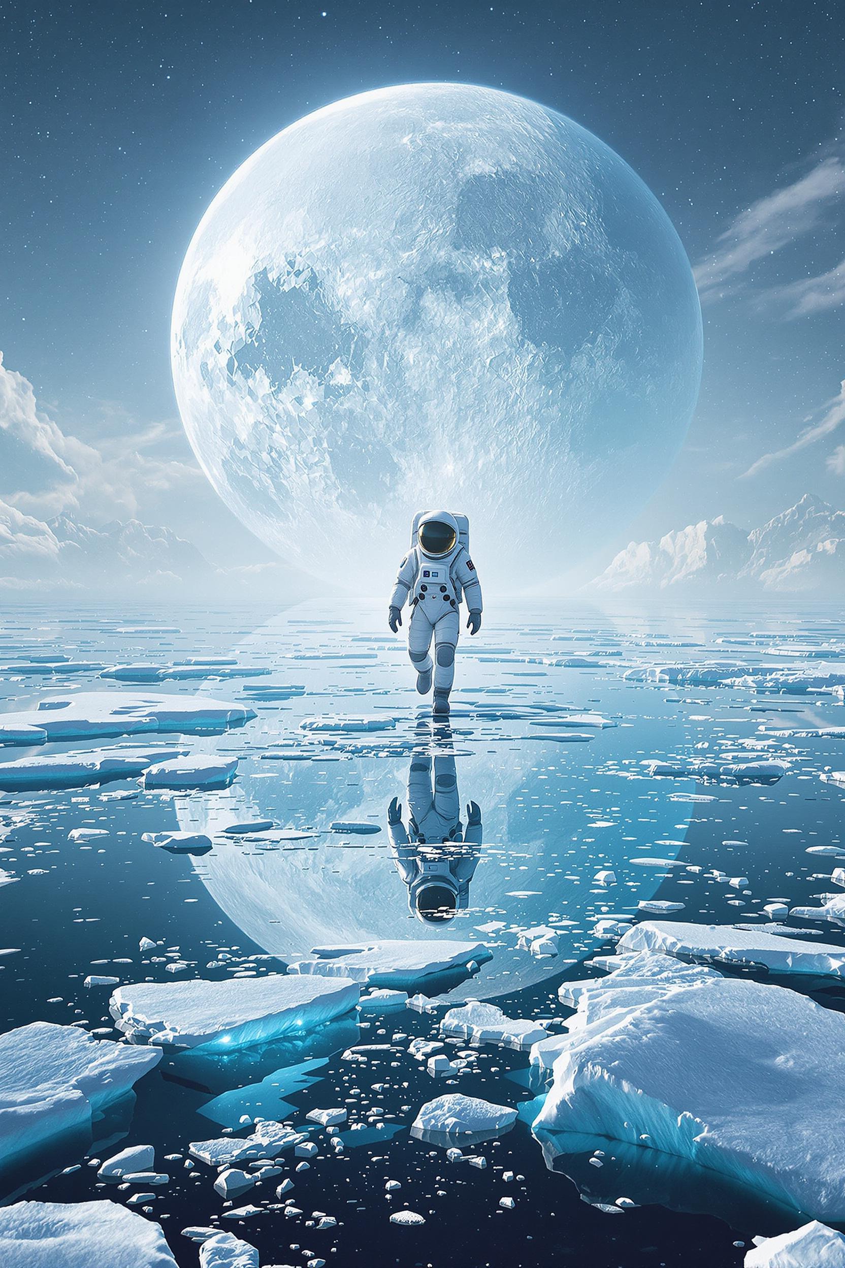 Astronaut walking across reflective frozen ocean under shattered moon, hyperreal sci-fi surrealism, silver and aquamarine palette, solitude and wonder tone, centered horizon composition, ultra-detailed 300 DPI --ar 2:3 --vivid