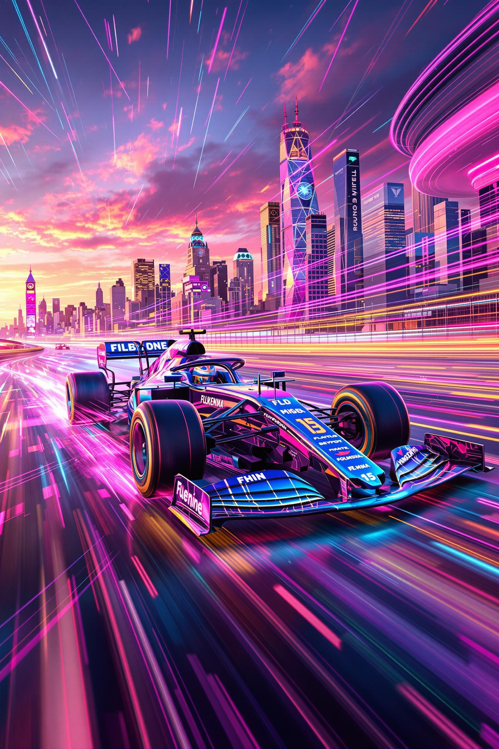 Formula One racecar with holographic sponsors speeding past city skyline, cyber-futuristic realism, vapor trails in neon cyan, hot pink, and gold palette, competitive and thrilling tone, side panning composition, 124K 300 DPI --ar 2:3 --vivid