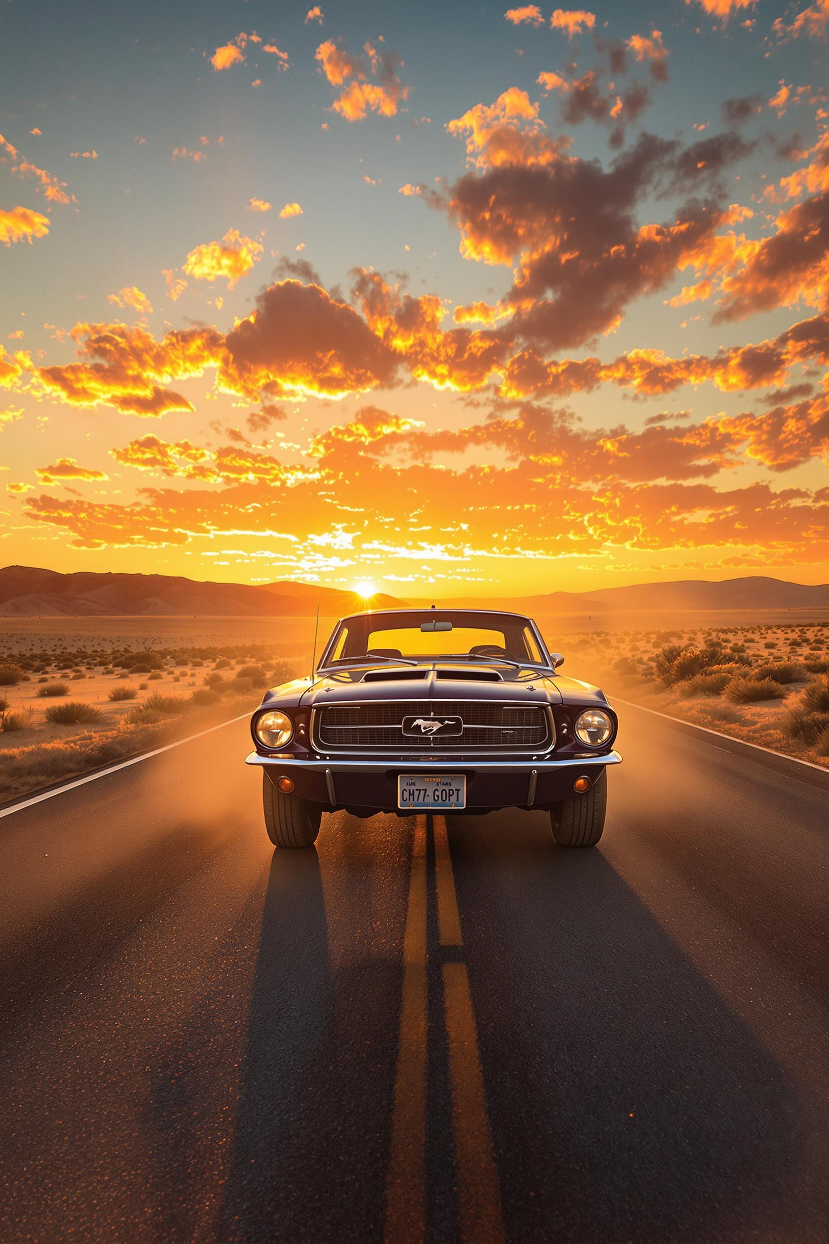 Classic 1967 Mustang on desert highway at sunset, photoreal automotive art, dust clouds and lens flare, warm orange and steel blue palette, nostalgic and free-spirited tone, front three-quarter angle, ultra-sharp 300 DPI --ar 2:3 --vivid