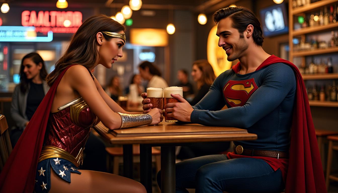 {
  "SHOT COMPOSITION": "Medium shot framing Gal Gadot as Wonder Woman and Superman seated at a bar counter, captured with a 50mm lens on a Canon 5D camera, featuring a shallow depth of field to softly blur the background patrons and focus sharply on the heroes.",
  "SUBJECT & WARDROBE": "Gal Gadot embodies Wonder Woman with her iconic blonde hair, strong features, and determined expression, wearing her classic red, blue, and gold armored costume with a flowing cape; beside her, Superman appears heroic with his muscular build, blue suit, red cape, and S emblem, both casually holding beer mugs, sharing a relaxed laugh as they clink glasses.",
  "SCENE SETTING": "The scene unfolds in a dimly lit, cozy urban bar at night, with warm ambient lighting from overhead lamps and neon signs casting a golden glow, wooden bar stools and shelves of bottles in the background, evoking a casual and intimate tone as the superheroes unwind.",
  "VISUAL STYLE": "Realistic photo style with a cinematic film aesthetic, subtle grain texture for a authentic feel, and warm color grading to enhance the vibrant yet relaxed atmosphere, like a high-quality snapshot from a superhero movie behind-the-scenes."
}