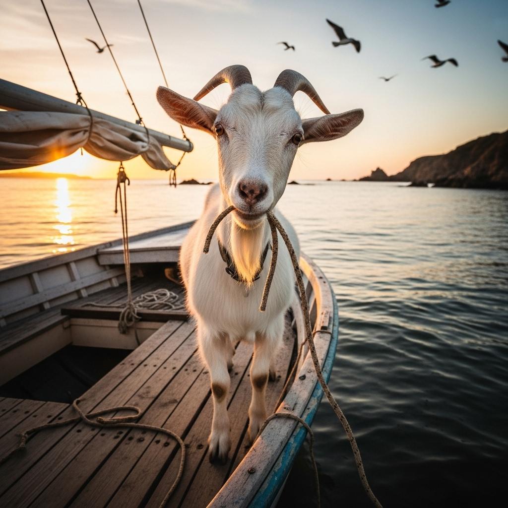 A whimsical wide-angle shot captured with a 35mm lens on a Canon 5D camera, featuring a medium frame of a curious adult goat standing proudly on the wooden deck of a small sailboat gently rocking on calm ocean waters during golden hour sunset, with shallow depth of field softly blurring the distant horizon.

The goat is a fluffy white Saanen breed with alert ears, a short beard, and expressive brown eyes gazing directly at the viewer, its hooves planted firmly on the boat's planks, perhaps playfully chewing on a rope, evoking a sense of adventurous mischief without any added wardrobe.

The scene is set on a serene coastal bay with gentle waves lapping at the boat's hull, seagulls circling overhead in the warm amber light of dusk, casting long shadows and a golden glow over the weathered boat sails and distant rocky shoreline, creating a cozy yet vibrant maritime atmosphere.

Rendered in a cinematic film style with a touch of vintage grain and warm color grading, like a scene from a feel-good adventure documentary, emphasizing realistic textures, natural lighting contrasts, and high detail for an engaging, high-quality image.