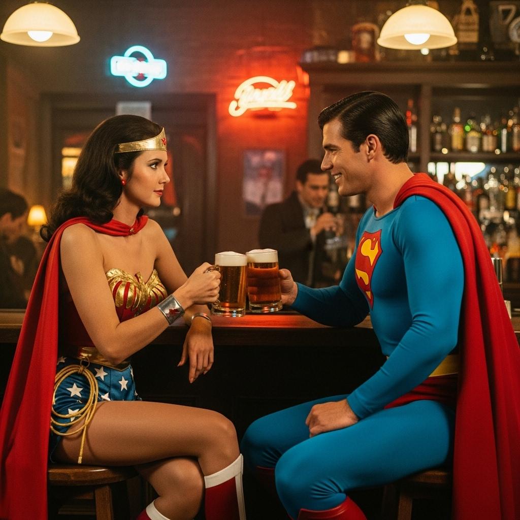   "SHOT COMPOSITION": "Medium shot framing "LYNDIA CARTER" as Wonder Woman and Superman seated at a bar counter, captured with a 50mm lens on a Canon 5D camera, featuring a shallow depth of field to softly blur the background patrons and focus sharply on the heroes.",
  "SUBJECT & WARDROBE": "Lyndia Carter" embodies Wonder Woman with her iconic dark hair, strong features, and determined expression, wearing her classic red, blue, and gold armored costume with a flowing cape; beside her, Superman appears heroic with his muscular build, blue suit, red cape, and S emblem, both casually holding beer mugs, sharing a relaxed laugh as they clink glasses.",
  "SCENE SETTING": "The scene unfolds in a dimly lit, cozy urban bar at night, with warm ambient lighting from overhead lamps and neon signs casting a golden glow, wooden bar stools and shelves of bottles in the background, evoking a casual and intimate tone as the superheroes unwind.",
  "VISUAL STYLE": "Realistic photo style with a cinematic film aesthetic, subtle grain texture for a authentic feel, and warm color grading to enhance the vibrant yet relaxed atmosphere, like a high-quality snapshot from a superhero movie behind-the-scenes."
