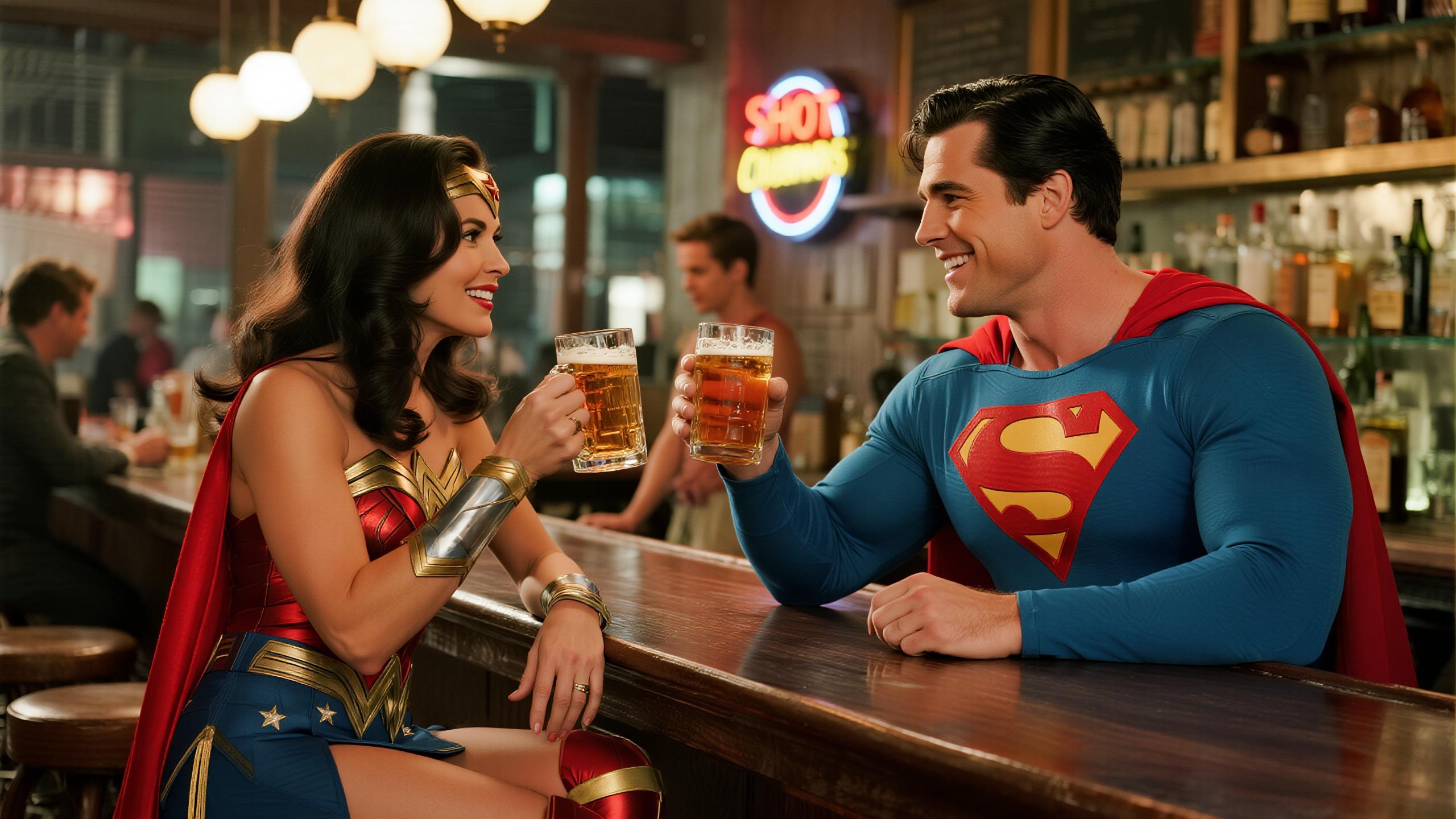   "SHOT COMPOSITION": "Medium shot framing "LYNDIA CARTER" as Wonder Woman and Superman seated at a bar counter, captured with a 50mm lens on a Canon 5D camera, featuring a shallow depth of field to softly blur the background patrons and focus sharply on the heroes.",
  "SUBJECT & WARDROBE": "Lyndia Carter" embodies Wonder Woman with her iconic dark hair, strong features, and determined expression, wearing her classic red, blue, and gold armored costume with a flowing cape; beside her, Superman appears heroic with his muscular build, blue suit, red cape, and S emblem, both casually holding beer mugs, sharing a relaxed laugh as they clink glasses.",
  "SCENE SETTING": "The scene unfolds in a dimly lit, cozy urban bar at night, with warm ambient lighting from overhead lamps and neon signs casting a golden glow, wooden bar stools and shelves of bottles in the background, evoking a casual and intimate tone as the superheroes unwind.",
  "VISUAL STYLE": "Realistic photo style with a cinematic film aesthetic, subtle grain texture for a authentic feel, and warm color grading to enhance the vibrant yet relaxed atmosphere, like a high-quality snapshot from a superhero movie behind-the-scenes."
