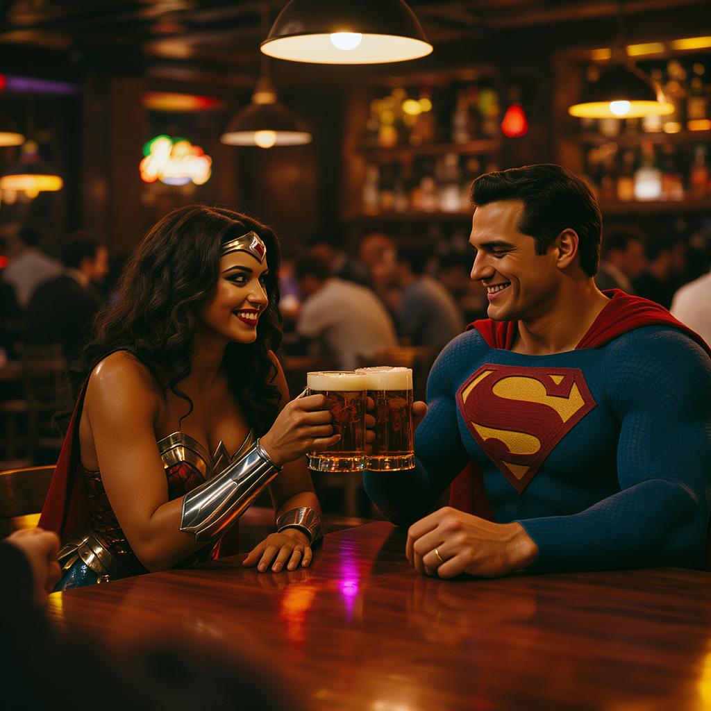 "SHOT COMPOSITION": "Medium shot framing "LYNDIA CARTER" as Wonder Woman and Superman seated at a bar counter, captured with a 50mm lens on a Canon 5D camera, featuring a shallow depth of field to softly blur the background patrons and focus sharply on the heroes.",
  "SUBJECT & WARDROBE": "Lyndia Carter" embodies Wonder Woman with her iconic dark hair, strong features, and determined expression, wearing her classic red, blue, and gold armored costume with a flowing cape; beside her, Superman appears heroic with his muscular build, blue suit, red cape, and S emblem, both casually holding beer mugs, sharing a relaxed laugh as they clink glasses.",
  "SCENE SETTING": "The scene unfolds in a dimly lit, cozy urban bar at night, with warm ambient lighting from overhead lamps and neon signs casting a golden glow, wooden bar stools and shelves of bottles in the background, evoking a casual and intimate tone as the superheroes unwind.",
  "VISUAL STYLE": "Realistic photo style with a cinematic film aesthetic, subtle grain texture for a authentic feel, and warm color grading to enhance the vibrant yet relaxed atmosphere, like a high-quality snapshot from a superhero movie behind-the-scenes."