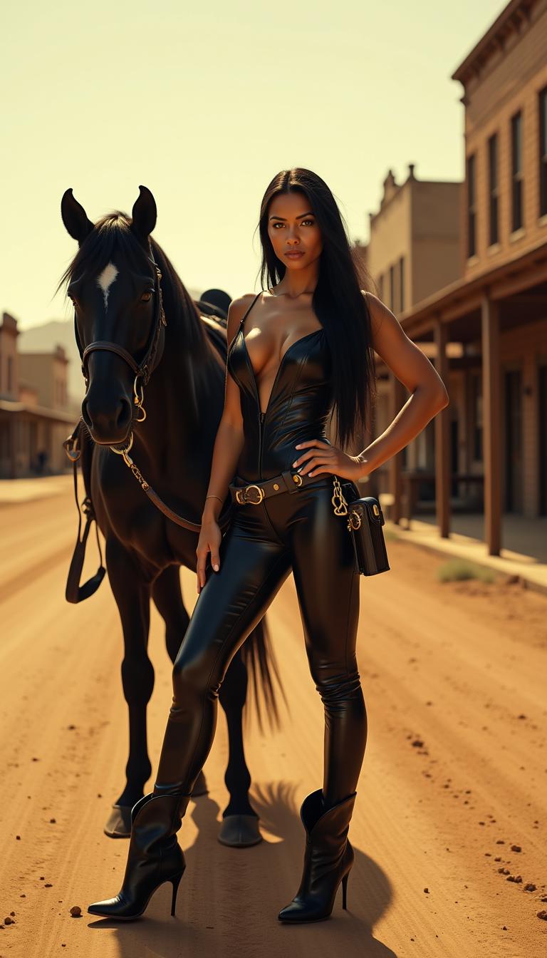 {
  "SHOT COMPOSITION": "Medium shot framing a confident Native American woman standing beside her black horse in a dusty Wild West street, captured with a 50mm lens on a Canon 5D camera for a cinematic feel, featuring shallow depth of field to sharply focus on her figure while softly blurring the background elements.",
  "SUBJECT & WARDROBE": "A striking mid-20s Native American woman with strong facial features, tanned skin, and long, straight, thick black hair cascading down her back, dressed in a skintight snakeskin shiny leather jumpsuit with a plunging neckline that reveals her ample cleavage and navel, accessorized with a large revolver resting in a holster on a black leather belt, and completed with black leather stiletto-heeled cowboy boots; she stands tall with a fierce, determined expression, one hand resting on her hip and the other gently holding the horse's reins.",
  "SCENE SETTING": "Set in a dusty Wild West street lined with weathered wooden saloons and hitching posts under the warm glow of a golden hour sunset, with natural sunlight casting long shadows and highlighting swirling dust particles in the air, creating a dramatic and adventurous tone in this arid, sun-baked frontier town.",
  "VISUAL STYLE": "Cinematic Western film aesthetic with a vintage feel, incorporating subtle film grain texture and warm color grading to evoke the epic drama of classic spaghetti Westerns, ensuring high detail and realistic textures on the leather outfits and horse's coat for an immersive, high-quality image."
}