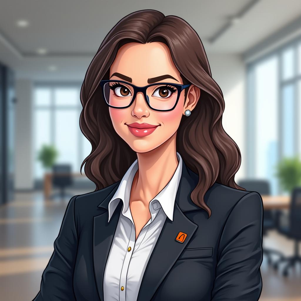 Create a semi-realistic, digitally-illustrated avatar of a professional female analytics expert, styled to match a business executive portrait. She should be wearing a dark, modern business suit with a white shirt, and exude confidence and expertise through a calm, approachable smile. Glasses are encouraged to emphasize intelligence and a data-driven persona.

Incorporate strong branding for Google Analytics by adding a distinctive orange accent—such as an orange lapel pin, brooch, or glasses frame, using the Google Analytics orange (#FF9900)—that remains visible even when the image is reduced to icon size. The background should be a softly blurred modern office or data-driven workspace, with faint hints of charts or analytics graphics in soft hues to signal her analytics expertise but not distract from the subject.

The art style should be crisp and polished, with realistic proportions but stylized enough for high recognizability and clarity at small (icon) scale. Lighting should be bright and even, for a clean, inviting look. Prioritize strong contrast, bold shapes, and simple elements so her face and the orange branding detail stay clear in chat icon format.