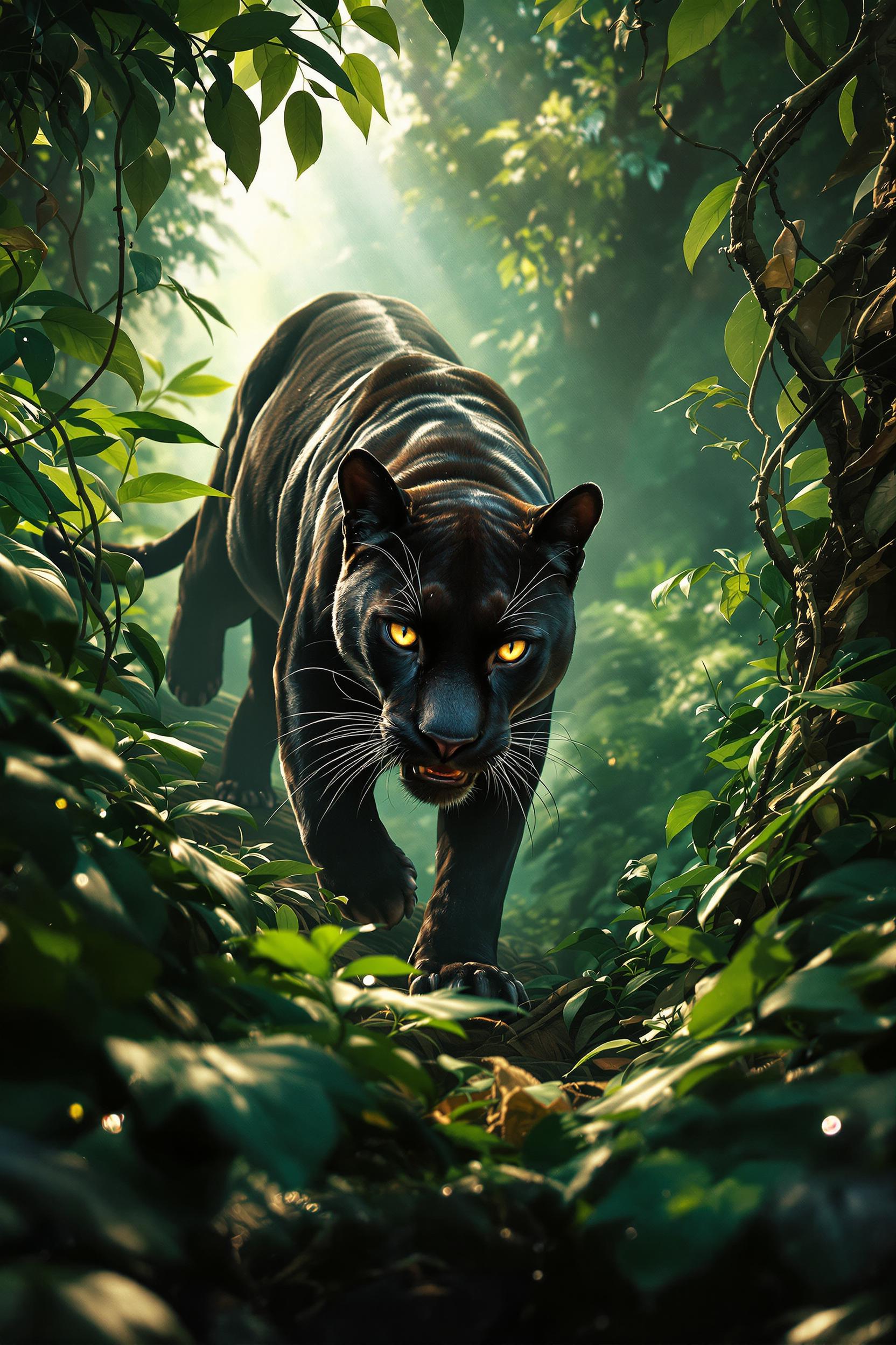 A black panther prowling through a lush rainforest, cinematic ultra-realistic wildlife painting, inspired by hyperreal nature photography and African mysticism, ultrachromatic emerald and gold palette, mood of primal intensity, low-angle shot with filtered sunlight beams through canopy, dewdrops glistening on leaves, fine fur detail with soft sheen highlights, blurred vines in foreground for depth, 124K 300dpi ultra-sharp poster quality, --no text --no flat --ar 2:3 --exp 72 --seed 1149 --stylize 875 --chaos 15