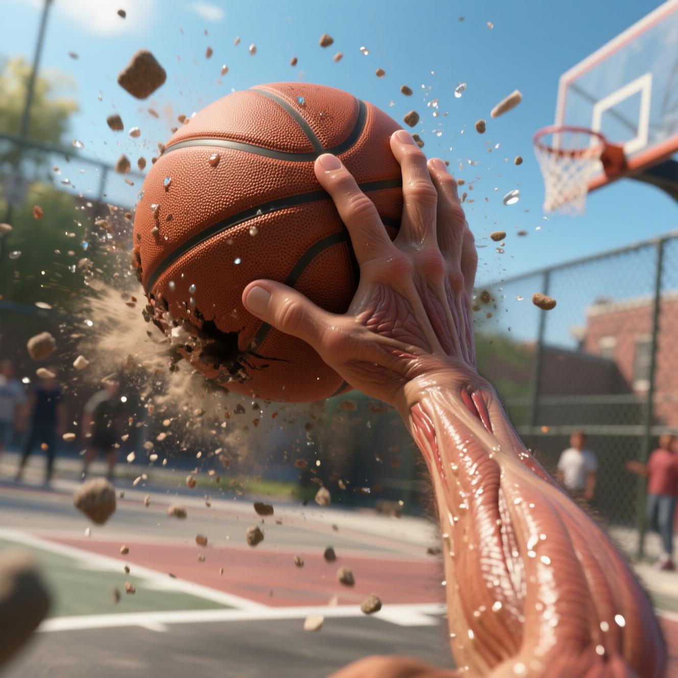 === Scene ===

Tone: generate an 8-second, hyper-realistic, seamlessly looping video capturing the raw power and physics of a single moment in a street basketball game, rendered in extreme slow motion., {"type":"High-speed sports cinematography, played back in extreme slow motion","duration_seconds":8,"looping":"true, seamless loop","pacing":"Intense, powerful, and dramatic. The slow motion turns a split-second action into a detailed ballet of force.","animated_elements":[{"element":"Ball Impact and Deformation","description":"The primary animation. A defender's hand forcefully impacts the top of a basketball. In slow motion, we see the defender's fingers digging into the pebbled leather, the ball visibly compressing and deforming under the force. The ball's backspin momentarily stops and reverses as it's knocked away. This entire impact and recoil sequence forms the loop."},{"element":"Sweat and Particle Dynamics","description":"The explosive impact sends a fine spray of sweat droplets flying from both the hand and the ball's surface. The droplets hang in the air like tiny jewels in the bright sun. Dust and microscopic rubber particles from the court are kicked up by the motion."},{"element":"Anatomical Realism","description":"The muscles and tendons in the defender's forearm and hand are seen contracting with extreme force. Veins bulge on the skin's surface. The skin on the fingertips whitens from the pressure against the ball."},{"element":"Background Motion","description":"Through the chain-link fence in the deep background, the blurred figures of spectators are seen reacting to the play, their movements also in slow motion, adding to the atmosphere."}]}, {"style":"Hyperrealistic, gritty sports documentary style, emulating the aesthetic of a high-end Nike commercial or a feature film.","camera_setup":{"camera":"Phantom VEO 4K High-Speed Camera","lens":"100mm Telephoto Prime Lens","perspective":"Static, locked-down shot from a very low angle, looking up at the point of impact. This heroic angle makes the action feel monumental and powerful.","description":"The sun is high in the sky, creating high-contrast, sharp-edged shadows. This intense light creates brilliant specular highlights on the sweat-glistened skin and the curved surface of the basketball, emphasizing every texture."},"composition":{"framing":"A tight, dynamic composition focused entirely on the collision between the hand and the ball. The chain-link fence in the background creates a gritty, geometric pattern that cages the action."}}

=== Subject ===

Description: {"base_subject":"An extreme close-up, slow-motion shot of a hand blocking a basketball at the apex of a shot on an iconic urban court.","key_details":[{"element":"The Hand and Arm","description":"The hand of a highly athletic basketball player. The skin glistens with a realistic sheen of sweat, and we can clearly see skin pores, calluses, and the fine lines of the knuckles. The hand is powerful and expressive."},{"element":"The Basketball","description":"A well-worn, official Spalding basketball. The pebbled texture is rendered in extreme detail, with dirt and scuff marks lodged in the grooves. The printed logos are slightly faded from use."},{"element":"The Environment","description":"The background is the iconic, green, tight-mesh chain-link fence of 'The Cage'. The fence is slightly rusted in places. Through the links, the blurred shapes of spectators and the red brick of surrounding Village buildings are visible."}]}