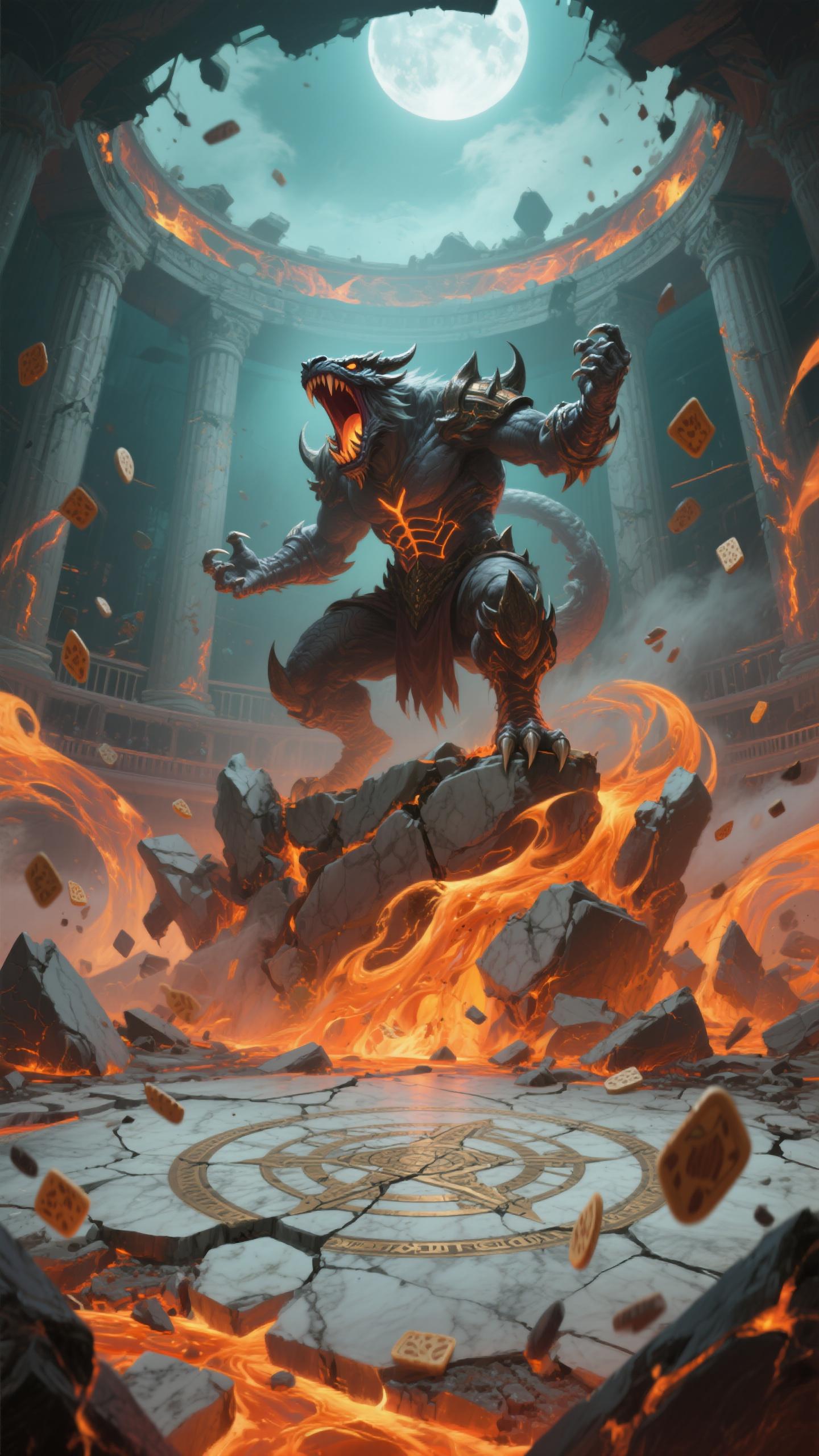 64K 300 dpi. Ferocious boss mid-roar atop shattered arena, cracked marble sigils, ember ash swirl; medium: dynamic concept painting with hard-surface detail. Lighting: lava underglow key, cool moon fill, ember rim. Color: lava-orange, steel gray, teal haze. Composition: three-quarter low angle, debris motion lines, negative-space title zone. Layers: flying chips FG, boss MG, ruined colonnade BG. Post: clarity, controlled bloom, sharpened edges. Use-case: poster/merch.

