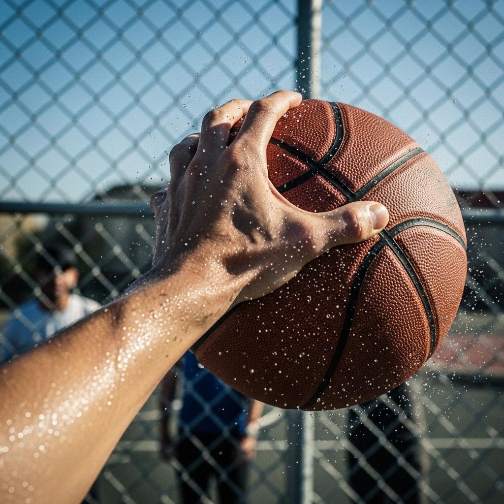=== Scene ===

Tone: generate an 8-second, hyper-realistic, seamlessly looping video capturing the raw power and physics of a single moment in a street basketball game, rendered in extreme slow motion., {"type":"High-speed sports cinematography, played back in extreme slow motion","duration_seconds":8,"looping":"true, seamless loop","pacing":"Intense, powerful, and dramatic. The slow motion turns a split-second action into a detailed ballet of force.","animated_elements":[{"element":"Ball Impact and Deformation","description":"The primary animation. A defender's hand forcefully impacts the top of a basketball. In slow motion, we see the defender's fingers digging into the pebbled leather, the ball visibly compressing and deforming under the force. The ball's backspin momentarily stops and reverses as it's knocked away. This entire impact and recoil sequence forms the loop."},{"element":"Sweat and Particle Dynamics","description":"The explosive impact sends a fine spray of sweat droplets flying from both the hand and the ball's surface. The droplets hang in the air like tiny jewels in the bright sun. Dust and microscopic rubber particles from the court are kicked up by the motion."},{"element":"Anatomical Realism","description":"The muscles and tendons in the defender's forearm and hand are seen contracting with extreme force. Veins bulge on the skin's surface. The skin on the fingertips whitens from the pressure against the ball."},{"element":"Background Motion","description":"Through the chain-link fence in the deep background, the blurred figures of spectators are seen reacting to the play, their movements also in slow motion, adding to the atmosphere."}]}, {"style":"Hyperrealistic, gritty sports documentary style, emulating the aesthetic of a high-end Nike commercial or a feature film.","camera_setup":{"camera":"Phantom VEO 4K High-Speed Camera","lens":"100mm Telephoto Prime Lens","perspective":"Static, locked-down shot from a very low angle, looking up at the point of impact. This heroic angle makes the action feel monumental and powerful.","description":"The sun is high in the sky, creating high-contrast, sharp-edged shadows. This intense light creates brilliant specular highlights on the sweat-glistened skin and the curved surface of the basketball, emphasizing every texture."},"composition":{"framing":"A tight, dynamic composition focused entirely on the collision between the hand and the ball. The chain-link fence in the background creates a gritty, geometric pattern that cages the action."}}

=== Subject ===

Description: {"base_subject":"An extreme close-up, slow-motion shot of a hand blocking a basketball at the apex of a shot on an iconic urban court.","key_details":[{"element":"The Hand and Arm","description":"The hand of a highly athletic basketball player. The skin glistens with a realistic sheen of sweat, and we can clearly see skin pores, calluses, and the fine lines of the knuckles. The hand is powerful and expressive."},{"element":"The Basketball","description":"A well-worn, official Spalding basketball. The pebbled texture is rendered in extreme detail, with dirt and scuff marks lodged in the grooves. The printed logos are slightly faded from use."},{"element":"The Environment","description":"The background is the iconic, green, tight-mesh chain-link fence of 'The Cage'. The fence is slightly rusted in places. Through the links, the blurred shapes of spectators and the red brick of surrounding Village buildings are visible."}]}