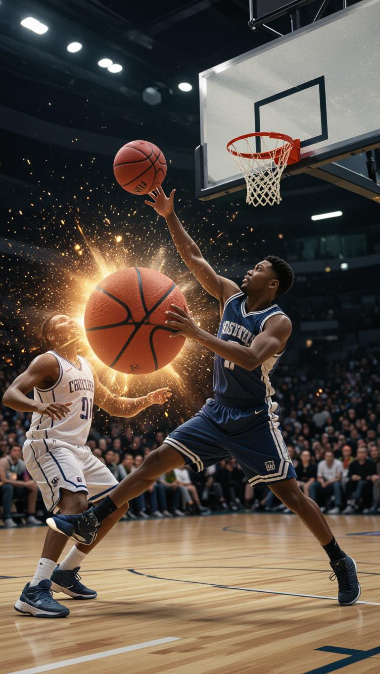 === Scene ===

Tone: generate an 8-second, hyper-realistic, seamlessly looping video capturing the raw power and physics of a single moment in a street basketball game, rendered in extreme slow motion., {"type":"High-speed sports cinematography, played back in extreme slow motion","duration_seconds":8,"looping":"true, seamless loop","pacing":"Intense, powerful, and dramatic. The slow motion turns a split-second action into a detailed ballet of force.","animated_elements":[{"element":"Ball Impact and Deformation","description":"The primary animation. A defender's hand forcefully impacts the top of a basketball. In slow motion, we see the defender's fingers digging into the pebbled leather, the ball visibly compressing and deforming under the force. The ball's backspin momentarily stops and reverses as it's knocked away. This entire impact and recoil sequence forms the loop."},{"element":"Sweat and Particle Dynamics","description":"The explosive impact sends a fine spray of sweat droplets flying from both the hand and the ball's surface. The droplets hang in the air like tiny jewels in the bright sun. Dust and microscopic rubber particles from the court are kicked up by the motion."},{"element":"Anatomical Realism","description":"The muscles and tendons in the defender's forearm and hand are seen contracting with extreme force. Veins bulge on the skin's surface. The skin on the fingertips whitens from the pressure against the ball."},{"element":"Background Motion","description":"Through the chain-link fence in the deep background, the blurred figures of spectators are seen reacting to the play, their movements also in slow motion, adding to the atmosphere."}]}, {"style":"Hyperrealistic, gritty sports documentary style, emulating the aesthetic of a high-end Nike commercial or a feature film.","camera_setup":{"camera":"Phantom VEO 4K High-Speed Camera","lens":"100mm Telephoto Prime Lens","perspective":"Static, locked-down shot from a very low angle, looking up at the point of impact. This heroic angle makes the action feel monumental and powerful.","description":"The sun is high in the sky, creating high-contrast, sharp-edged shadows. This intense light creates brilliant specular highlights on the sweat-glistened skin and the curved surface of the basketball, emphasizing every texture."},"composition":{"framing":"A tight, dynamic composition focused entirely on the collision between the hand and the ball. The chain-link fence in the background creates a gritty, geometric pattern that cages the action."}}

=== Subject ===

Description: {"base_subject":"An extreme close-up, slow-motion shot of a hand blocking a basketball at the apex of a shot on an iconic urban court.","key_details":[{"element":"The Hand and Arm","description":"The hand of a highly athletic basketball player. The skin glistens with a realistic sheen of sweat, and we can clearly see skin pores, calluses, and the fine lines of the knuckles. The hand is powerful and expressive."},{"element":"The Basketball","description":"A well-worn, official Spalding basketball. The pebbled texture is rendered in extreme detail, with dirt and scuff marks lodged in the grooves. The printed logos are slightly faded from use."},{"element":"The Environment","description":"The background is the iconic, green, tight-mesh chain-link fence of 'The Cage'. The fence is slightly rusted in places. Through the links, the blurred shapes of spectators and the red brick of surrounding Village buildings are visible."}]}