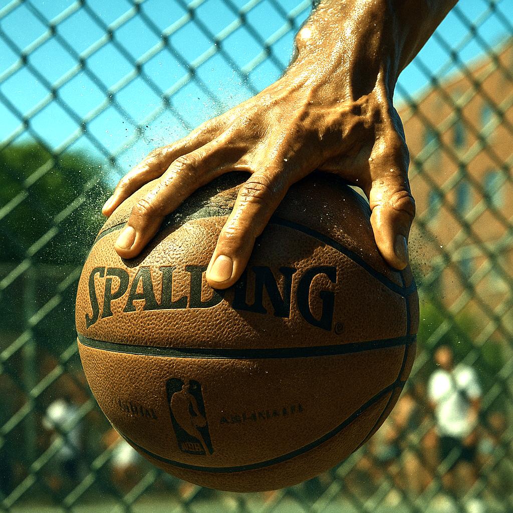 === Scene ===

Tone: generate an 8-second, hyper-realistic, seamlessly looping video capturing the raw power and physics of a single moment in a street basketball game, rendered in extreme slow motion., {"type":"High-speed sports cinematography, played back in extreme slow motion","duration_seconds":8,"looping":"true, seamless loop","pacing":"Intense, powerful, and dramatic. The slow motion turns a split-second action into a detailed ballet of force.","animated_elements":[{"element":"Ball Impact and Deformation","description":"The primary animation. A defender's hand forcefully impacts the top of a basketball. In slow motion, we see the defender's fingers digging into the pebbled leather, the ball visibly compressing and deforming under the force. The ball's backspin momentarily stops and reverses as it's knocked away. This entire impact and recoil sequence forms the loop."},{"element":"Sweat and Particle Dynamics","description":"The explosive impact sends a fine spray of sweat droplets flying from both the hand and the ball's surface. The droplets hang in the air like tiny jewels in the bright sun. Dust and microscopic rubber particles from the court are kicked up by the motion."},{"element":"Anatomical Realism","description":"The muscles and tendons in the defender's forearm and hand are seen contracting with extreme force. Veins bulge on the skin's surface. The skin on the fingertips whitens from the pressure against the ball."},{"element":"Background Motion","description":"Through the chain-link fence in the deep background, the blurred figures of spectators are seen reacting to the play, their movements also in slow motion, adding to the atmosphere."}]}, {"style":"Hyperrealistic, gritty sports documentary style, emulating the aesthetic of a high-end Nike commercial or a feature film.","camera_setup":{"camera":"Phantom VEO 4K High-Speed Camera","lens":"100mm Telephoto Prime Lens","perspective":"Static, locked-down shot from a very low angle, looking up at the point of impact. This heroic angle makes the action feel monumental and powerful.","description":"The sun is high in the sky, creating high-contrast, sharp-edged shadows. This intense light creates brilliant specular highlights on the sweat-glistened skin and the curved surface of the basketball, emphasizing every texture."},"composition":{"framing":"A tight, dynamic composition focused entirely on the collision between the hand and the ball. The chain-link fence in the background creates a gritty, geometric pattern that cages the action."}}

=== Subject ===

Description: {"base_subject":"An extreme close-up, slow-motion shot of a hand blocking a basketball at the apex of a shot on an iconic urban court.","key_details":[{"element":"The Hand and Arm","description":"The hand of a highly athletic basketball player. The skin glistens with a realistic sheen of sweat, and we can clearly see skin pores, calluses, and the fine lines of the knuckles. The hand is powerful and expressive."},{"element":"The Basketball","description":"A well-worn, official Spalding basketball. The pebbled texture is rendered in extreme detail, with dirt and scuff marks lodged in the grooves. The printed logos are slightly faded from use."},{"element":"The Environment","description":"The background is the iconic, green, tight-mesh chain-link fence of 'The Cage'. The fence is slightly rusted in places. Through the links, the blurred shapes of spectators and the red brick of surrounding Village buildings are visible."}]}