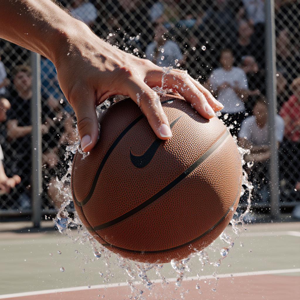 === Scene ===

Tone: generate an 8-second, hyper-realistic, seamlessly looping video capturing the raw power and physics of a single moment in a street basketball game, rendered in extreme slow motion., {"type":"High-speed sports cinematography, played back in extreme slow motion","duration_seconds":8,"looping":"true, seamless loop","pacing":"Intense, powerful, and dramatic. The slow motion turns a split-second action into a detailed ballet of force.","animated_elements":[{"element":"Ball Impact and Deformation","description":"The primary animation. A defender's hand forcefully impacts the top of a basketball. In slow motion, we see the defender's fingers digging into the pebbled leather, the ball visibly compressing and deforming under the force. The ball's backspin momentarily stops and reverses as it's knocked away. This entire impact and recoil sequence forms the loop."},{"element":"Sweat and Particle Dynamics","description":"The explosive impact sends a fine spray of sweat droplets flying from both the hand and the ball's surface. The droplets hang in the air like tiny jewels in the bright sun. Dust and microscopic rubber particles from the court are kicked up by the motion."},{"element":"Anatomical Realism","description":"The muscles and tendons in the defender's forearm and hand are seen contracting with extreme force. Veins bulge on the skin's surface. The skin on the fingertips whitens from the pressure against the ball."},{"element":"Background Motion","description":"Through the chain-link fence in the deep background, the blurred figures of spectators are seen reacting to the play, their movements also in slow motion, adding to the atmosphere."}]}, {"style":"Hyperrealistic, gritty sports documentary style, emulating the aesthetic of a high-end Nike commercial or a feature film.","camera_setup":{"camera":"Phantom VEO 4K High-Speed Camera","lens":"100mm Telephoto Prime Lens","perspective":"Static, locked-down shot from a very low angle, looking up at the point of impact. This heroic angle makes the action feel monumental and powerful.","description":"The sun is high in the sky, creating high-contrast, sharp-edged shadows. This intense light creates brilliant specular highlights on the sweat-glistened skin and the curved surface of the basketball, emphasizing every texture."},"composition":{"framing":"A tight, dynamic composition focused entirely on the collision between the hand and the ball. The chain-link fence in the background creates a gritty, geometric pattern that cages the action."}}

=== Subject ===

Description: {"base_subject":"An extreme close-up, slow-motion shot of a hand blocking a basketball at the apex of a shot on an iconic urban court.","key_details":[{"element":"The Hand and Arm","description":"The hand of a highly athletic basketball player. The skin glistens with a realistic sheen of sweat, and we can clearly see skin pores, calluses, and the fine lines of the knuckles. The hand is powerful and expressive."},{"element":"The Basketball","description":"A well-worn, official Spalding basketball. The pebbled texture is rendered in extreme detail, with dirt and scuff marks lodged in the grooves. The printed logos are slightly faded from use."},{"element":"The Environment","description":"The background is the iconic, green, tight-mesh chain-link fence of 'The Cage'. The fence is slightly rusted in places. Through the links, the blurred shapes of spectators and the red brick of surrounding Village buildings are visible."}]}