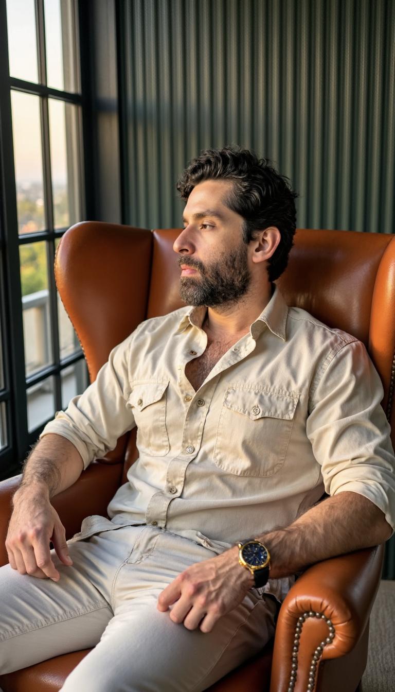 ANGELCLONE lounging in a luxurious caramel leather armchair, wearing a relaxed ivory linen shirt with rolled-up sleeves and matching linen trousers, exuding effortless sophistication. Wears a gold Rolex watch on his wrist, complemented by minimal jewelry. His face is turned slightly to the side in a calm, reflective gaze. Soft golden hour sunlight pours in through large windows, casting a warm glow on his skin and highlighting the rich textures of the room. Ultra-realistic editorial style with Mediterranean elegance and serene masculinity.
