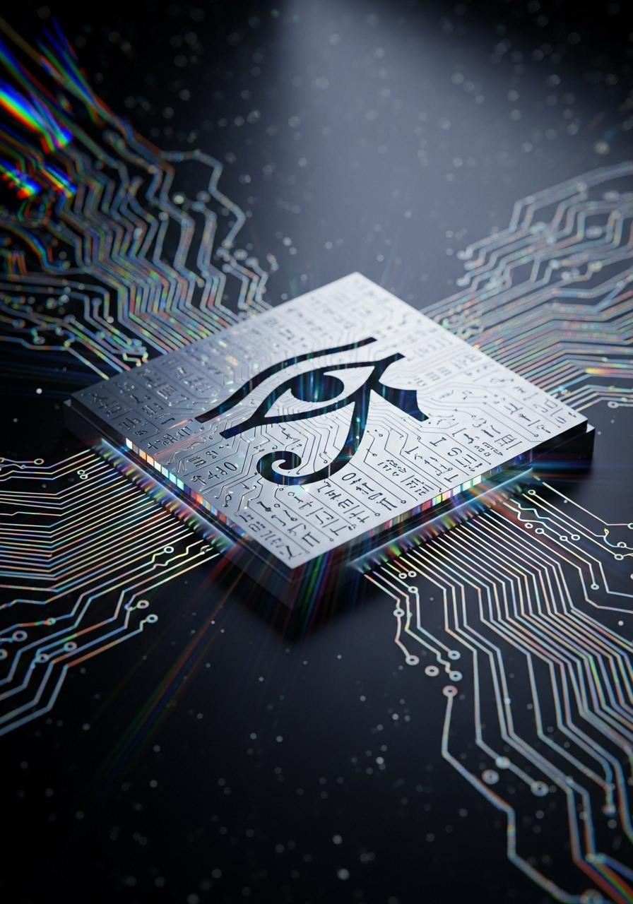 {
  "SHOT COMPOSITION": "A medium close-up shot captured with a 50mm lens on a Sony A7S III camera, emphasizing cinematic depth through a shallow depth of field that isolates the intricate details of the central subject while softly blurring the surrounding ethereal light effects.",
  "SUBJECT & WARDROBE": "The central subject is a sleek quantum processor core seamlessly integrated with the ancient Eye of Horus symbol, its etched circuitry flowing elegantly like mystical hieroglyphs across hyperreal metallic textures, with no wardrobe elements as this is an inanimate technological artifact glowing with prismatic spectral radiance.",
  "SCENE SETTING": "Set against a polished obsidian surface in a futuristic void-like environment, illuminated by refracted holographic light patterns that ripple dynamically like waves of energy, during an otherworldly timeless hour with dramatic, high-contrast lighting that casts ethereal shadows and highlights the intricate fusion of ancient and quantum elements.",
  "VISUAL STYLE": "A hyper-detailed 64K render in a cinematic sci-fi aesthetic, blending hyperrealism with subtle grain texture for a film-like quality, featuring vibrant prismatic color grading that enhances the spectral glow and metallic sheen, evoking a sense of ancient mysticism merged with cutting-edge technology."
}