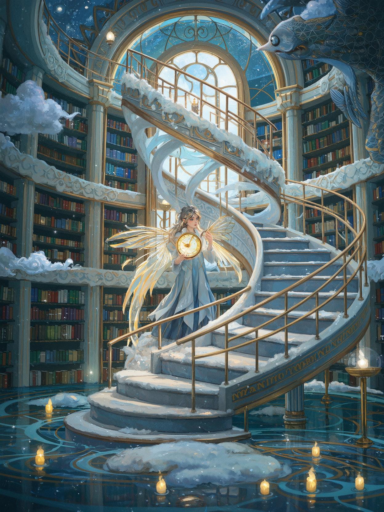 Melancholic clockmaker elf with crystal moth wings carefully winding a glowing phoenix-feather timepiece inside an infinite spiral library built from seashells and rose gold beams, walls shimmering with velvet clouds and translucent porcelain, winter snow drifting through open star-shaped windows, a staircase looping into the sky with no beginning, a colossal koi with metallic scales swimming above, golden embers mixing with icy blue moonlight, soft firefly glow reflecting in puddles of memory, in the style of Studio Ghibli watercolor meets Art Deco surrealism, wide-lens cinematic shot, ultra-detailed, hyper-realistic, 8K, masterpiece.