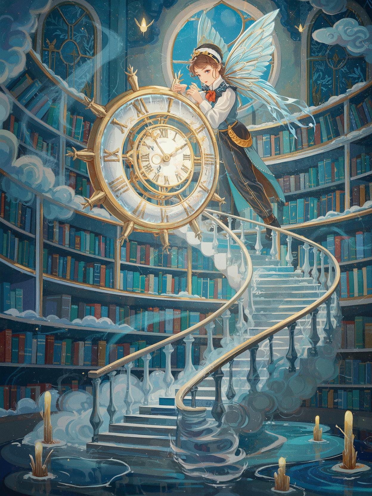 Melancholic clockmaker elf with crystal moth wings carefully winding a glowing phoenix-feather timepiece inside an infinite spiral library built from seashells and rose gold beams, walls shimmering with velvet clouds and translucent porcelain, winter snow drifting through open star-shaped windows, a staircase looping into the sky with no beginning, a colossal koi with metallic scales swimming above, golden embers mixing with icy blue moonlight, soft firefly glow reflecting in puddles of memory, in the style of Studio Ghibli watercolor meets Art Deco surrealism, wide-lens cinematic shot, ultra-detailed, hyper-realistic, 124K, masterpiece.