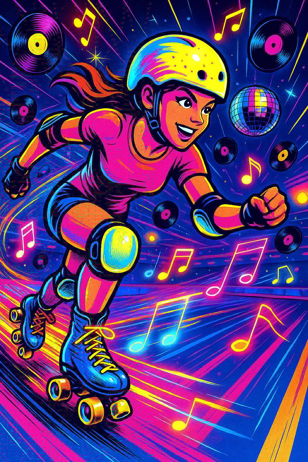 Energetic roller derby girl skating in a ’80s pop-retro rink, her neon helmet and knee pads glowing, surrounded by vinyl records and disco balls, dynamic motion blur under multicolored spotlights, low-angle action shot, floating music notes turning into neon trails, hot pinks, electric blue, neon yellow palette, in pop-art meets synthwave style, ultra-sharp, high-detail, 8K.