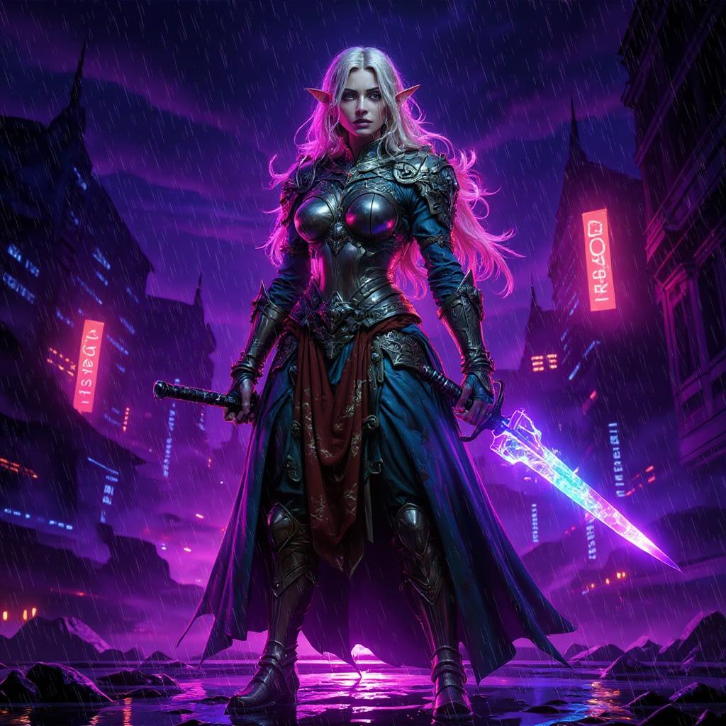 Ethereal cyberpunk warrior queen standing atop a rain-slick neon rooftop, holographic katana in hand, fantasy/sci-fi blend digital painting, influenced by Art Nouveau and cyberpunk illustration, ultrachromatic neon magenta-cyan glow, shimmering raindrops, fierce determination, cinematic rim lighting with volumetric light rays, dynamic low-angle composition, deep violet-orange complementary palette, futuristic megacity skyline with glowing billboards, particle glow and water reflection textures, ultra-sharp 124K 300 dpi for metal print clarity --no blur --no artifacts --chaos 12 --ar 2:3 --exp 55 --stylize 800 (edited with Flux Kontext Max)