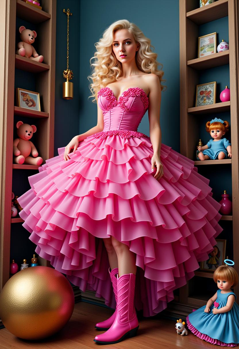 VS-LoRA-Zip2 **Prompt:**

Create a digitally rendered artwork that merges surreal fantasy with pop art elements. The image should capture a whimsical atmosphere with the following specifications:

- **Subject**: A woman in a voluminous, ruffled pink dress with a fitted bodice and a flared skirt, showcasing a gradient effect from a deep to light pink, giving it a lustrous, satiny texture. The dress features floral embellishments at the neckline and waist. She wears matching bright pink cowboy boots with lace-up detailing and a decorative buckle. Her blonde hair cascades in waves, framing her confident and enigmatic expression.

- **Colors**: Use a vibrant palette dominated by pinks, blues, and browns. The pink of the dress should be particularly striking, contrasting with the darker tones of the room and the blue of a doll's dress.

- **Environment**: The scene is set in a room with shelves to the left, filled with an array of toys and dolls. Include:
  - A teddy bear
  - A doll in a blue dress with a halo
  - A small figure with unique details and expressions
  - In the foreground, place a large, golden, spherical object that could be interpreted as either a toy or a piece of furniture. To the right, scatter smaller toys and figurines.

- **Composition**: 
  - Position the woman centrally, her gaze directly engaging the viewer, creating a focal point.
  - Use a low camera angle to emphasize the grandeur of her dress and the height of the shelves.
  - Frame the scene to highlight the depth and complexity of the objects around her.

- **Style**: 
  - The art should reflect digital painting techniques with smooth color transitions and a lack of traditional painting textures.
  - Incorporate exaggerated proportions typical of fantasy art and playful elements reminiscent of pop art.

- **Mood and Atmosphere**: 
  - Convey a sense of nostalgia and playfulness, with the lighting emphasizing the surreal and whimsical nature of the scene.
  - The time of day should be late afternoon, with soft, warm light filtering through an unseen window, casting gentle shadows that add depth.

- **Technical Aspects**: 
  - Utilize depth of field to blur the background slightly, focusing on the woman and her immediate surroundings.
  - Employ a high level of detail in rendering textures, particularly on the fabrics, toys, and hair.

This prompt aims to create an image that is both visually rich and emotionally engaging, inviting the viewer into an imaginative, fantastical world.