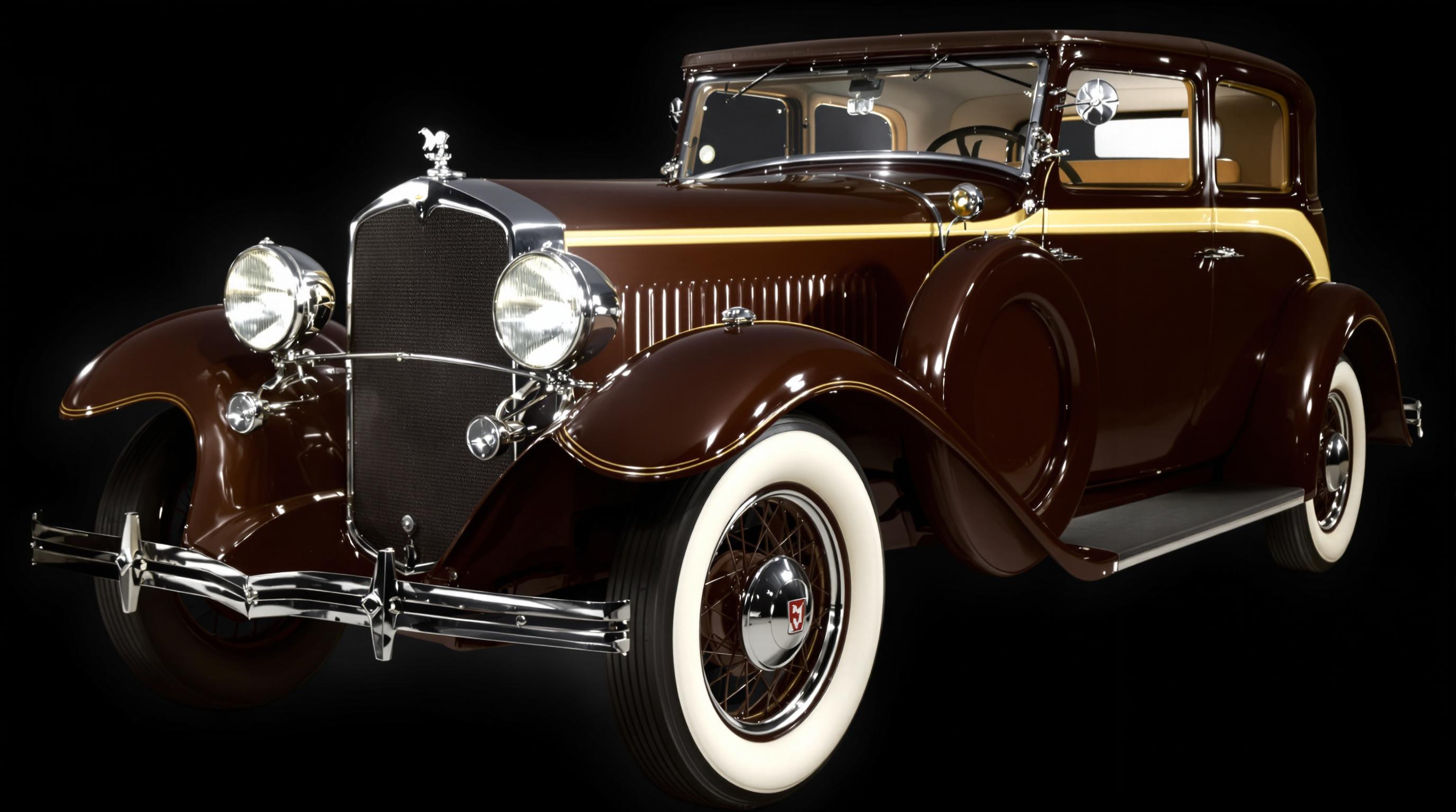 The image shows a classic car with a vintage design, likely from the early 20th century, given its distinctive features The car is painted in a rich, dark brown color with a lighter brown or cream accent on the hood and fenders, which adds to its elegant and luxurious appearance The vehicle has a long, curved hood with a prominent grille and a large, round headlight on each side The front fenders are also long and curved, with a distinctive step that adds to the cars classic aestheticThe cars bodywork is smooth and welldefined, with a shiny finish that reflects the light, suggesting a highquality paint job The wheels are whitewalled, which is characteristic of early 20thcentury automobiles, and they have a classic design with a chrome hubcap The tires appear to be of a vintage style, which complements the overall look of the carThe car is positioned at a slight angle to the camera, allowing a view of its front and side profile The lighting in the image is dramatic, with a strong light source coming from the front left side, casting a soft glow on the car and creating a sense of depth and dimension The background is a dark, almost black color, which contrasts with the cars rich brown tones and makes the vehicle stand out prominentlyThe image is likely a digital rendering or a photograph of a classic car, given the level of detail and the quality of the lighting, which is often used in professional photography or digital art to create a realistic and visually appealing representation of a vehicle The attention to detail in the cars design, the lighting, and the composition of the image make it an interesting and captivating piece of art or photography