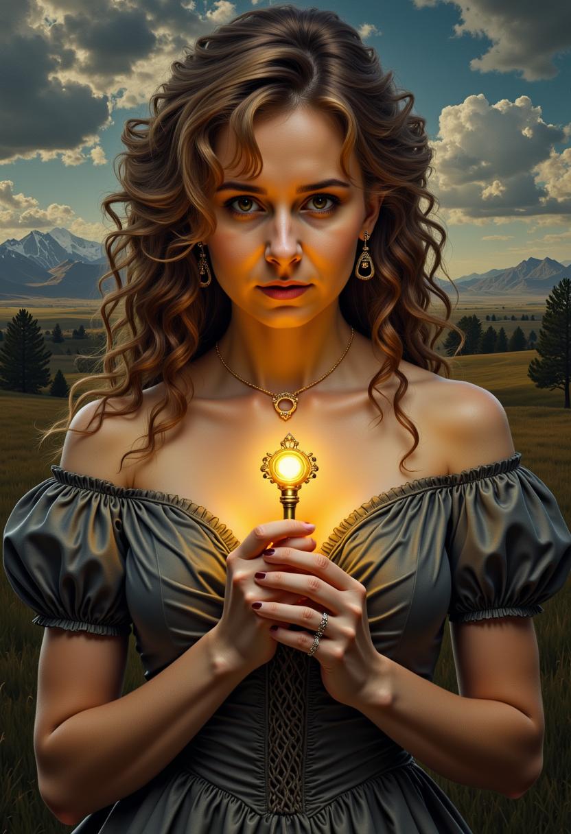  VS-LoRA-Zip2 Portrait painting of Courtney Whitemore gripping a luminous, enigmatic key, her face etched with puzzling intrigue, donned in a historic, photogenic gown that drapes her form, the locks of her hair artfully fashioned in a time-honored manner, Suburbia Utah's stunning panorama unfolding in the backdrop, a render capturing the perfect fusion of Artgerm and Rubens aesthetics reminis