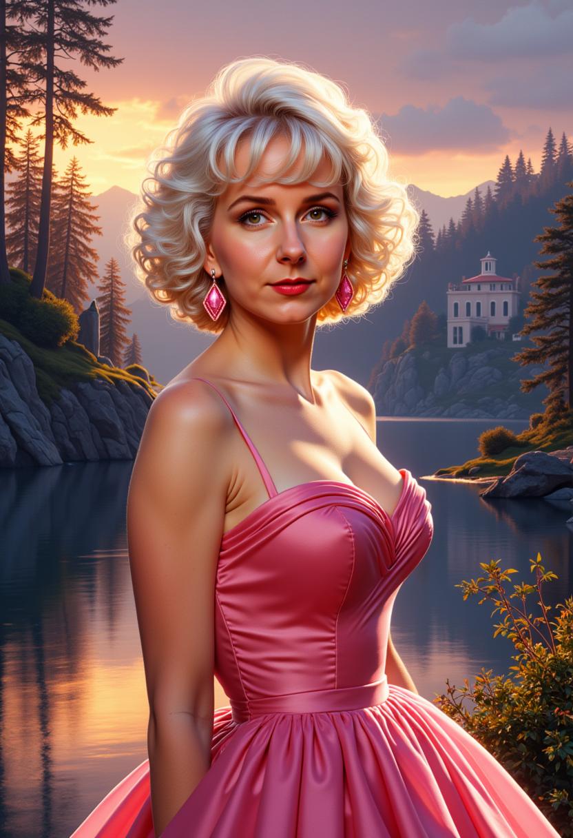  VS-LoRA-Zip2  looks like Marilyn Monroe [white hair Beauty], a blend of Artgerm and Rubens style [very detailed painting in the tradition of Hudson River School], beauty short "Italian hairstyle" of the 50s, clad in a stunning 1950s pink dress, looking at you, against a dramatic landscape of Hereafter bathed in the magic glow of twilight, stunning Hereafter landscape, victorian villa, forrest, Dream-View, Lake, backlighting, soft shadows, vibrant skyline, intricate fabric textures, hyper-detailed, golden hour ambiance, ultra realistic, wow effect
