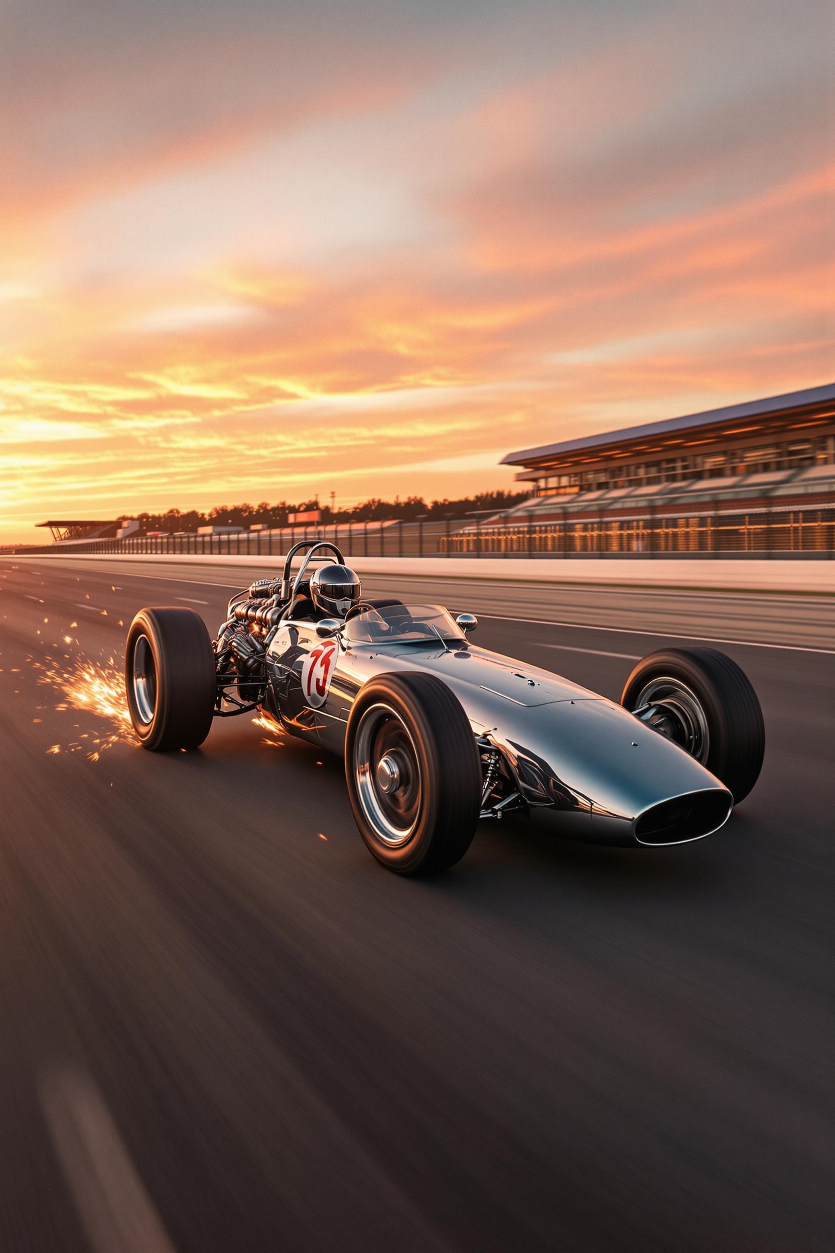 {
  "SHOT COMPOSITION": "Cinematic panning shot capturing a retro 1960s race car in high-speed motion on a blurred track, using a 35mm lens with shallow depth of field to emphasize the vehicle while softly blurring the background for a dynamic speed effect, shot on a Sony A7S III camera for ultradetailed clarity and smooth motion blur.",
  "SUBJECT & WARDROBE": "The subject is a sleek, polished chrome-bodied 1960s race car, featuring ultradetailed mechanical components like exposed engine parts, riveted panels, and spinning wheels with sparks flying dramatically from the tires as it races forward, its shiny surface reflecting the vibrant hues of a warm sunset.",
  "SCENE SETTING": "Set on a vintage racetrack during golden hour sunset, with warm orange and pink light casting long shadows and illuminating the scene, creating a dramatic and energetic tone as the car speeds along the asphalt, surrounded by faint outlines of grandstands and barriers in the blurred distance.",
  "VISUAL STYLE": "Cinematic film aesthetic with a retro vintage feel, incorporating subtle film grain texture and warm color grading to enhance the 1960s era vibe, evoking the excitement of classic motorsport documentaries with high detail and immersive realism."
}