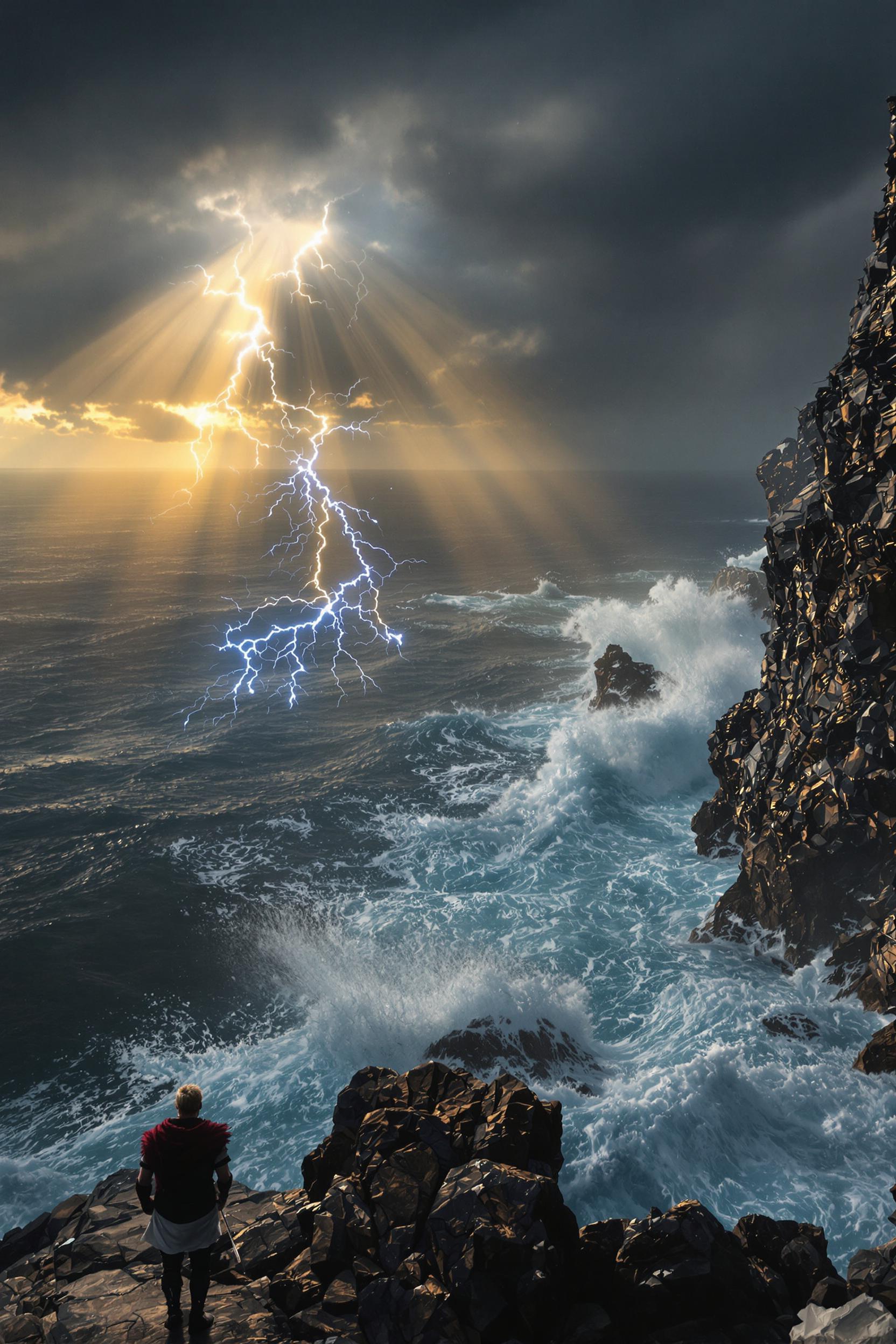 {
  "SHOT COMPOSITION": "A dramatic wide shot captured with a 24mm wide-angle lens on a Canon 5D, emphasizing the vast scale of the scene with a shallow depth of field that keeps the god in sharp focus while softly blurring the crashing waves below, creating an epic over-the-shoulder perspective that draws the viewer into the stormy vista.",
  "SUBJECT & WARDROBE": "The majestic Norse god, resembling Thor with a muscular build, flowing blonde hair, and a fierce expression of determination, stands tall wielding a glowing hammer crackling with electric blue lightning bolts, dressed in intricate armor adorned with glowing runic engravings, featuring layered metal plates in dark silver tones accented by fur-trimmed cloaks and leather straps for a mythical Viking warrior style.",
  "SCENE SETTING": "Perched on a rugged stormy cliff overlooking a turbulent ocean where massive waves crash violently against jagged rocks below, the scene unfolds at dusk with dark, swirling storm clouds pierced by dramatic golden rays of sunlight breaking through, illuminated by cinematic lighting that casts deep shadows and highlights the intensity of the elements in a tone of epic grandeur and raw power.",
  "VISUAL STYLE": "Rendered in a cinematic film aesthetic with high saturated contrast to amplify the vibrant blues of the lightning and golds of the rays against the moody grays of the storm, incorporating subtle grain texture for a vintage epic fantasy feel, evoking the dramatic style of a blockbuster Norse mythology movie."
}