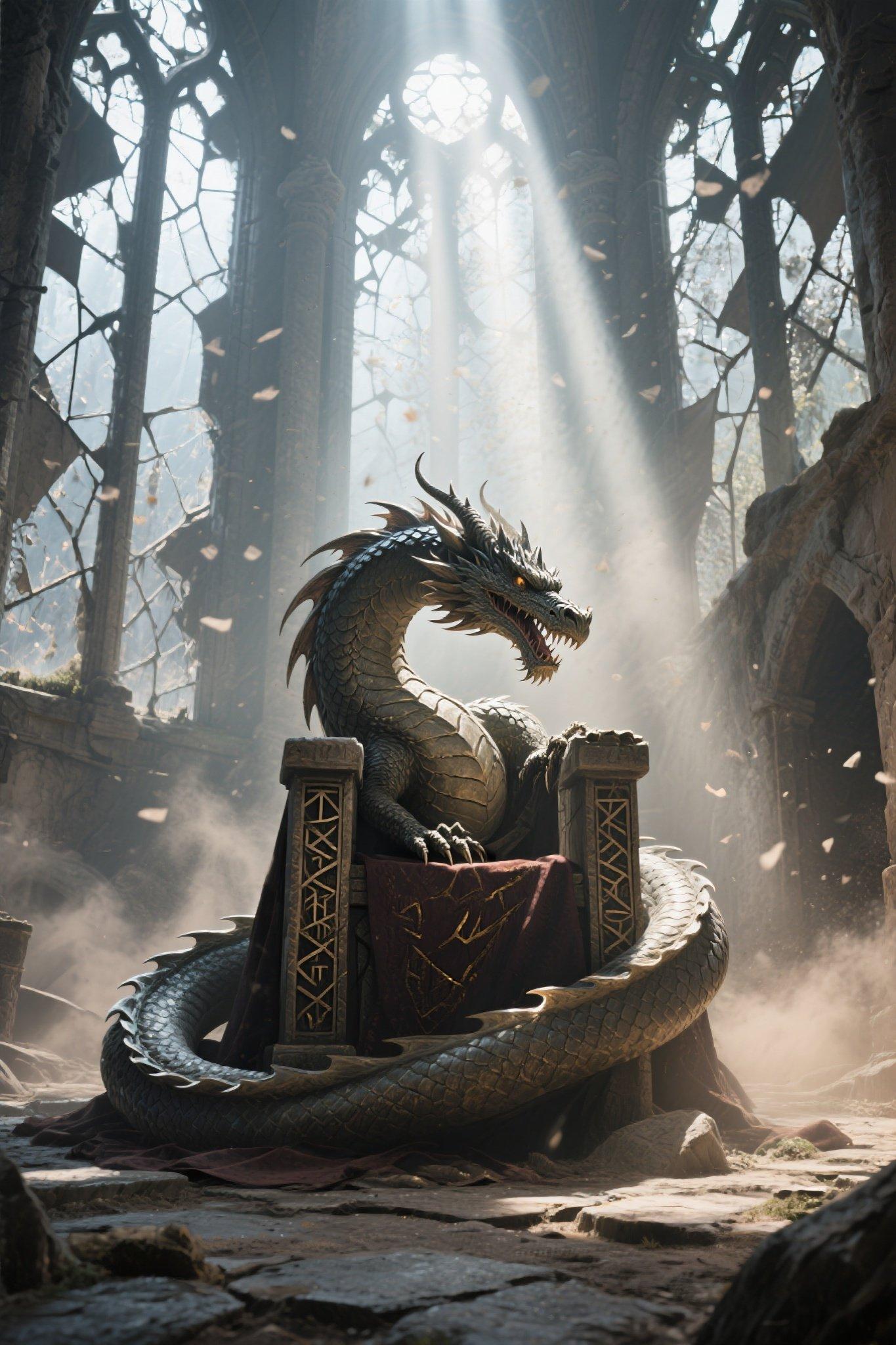 A dragon curled around an ancient, rune-etched throne in a ruined hall, light streaming through shattered windows highlighting dust motes. Dominik Mayer mood: epic scale, mystical ambiance, rich textures, shafts of light.