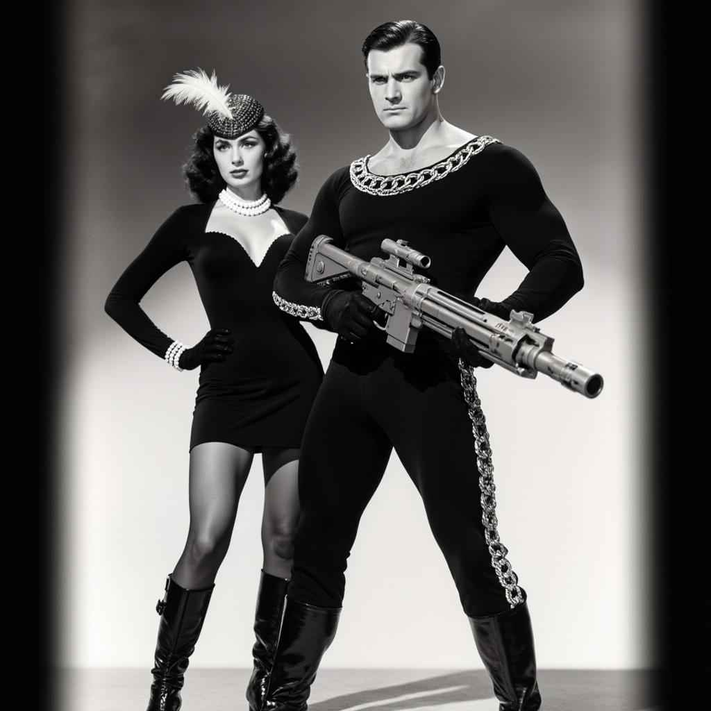 A vintage black-and-white promotional poster for the classic sci-fi serial "Flash Gordon Conquers the Universe," featuring a heroic male protagonist in the foreground with short dark hair, determined expression, and chiseled features, dressed in a form-fitting dark tunic with ornate chain-link patterns along the collar and sleeves, paired with matching pants accented by a light side stripe, high black boots, and boldly wielding a large futuristic ray gun with a wide barrel pointed forward in his right hand; standing behind him is a female companion with wavy dark hair topped by a stylish feathered cap, wearing a sleek dark bodysuit with a deep V-neckline adorned by a pearl necklace, short skirt over sheer tights, and knee-high boots, her left hand gripping the man's arm in a pose of concern or support, her face showing worry; the duo posed dynamically against a simple gradient gray background, evoking 1930s-1940s adventure film aesthetics;