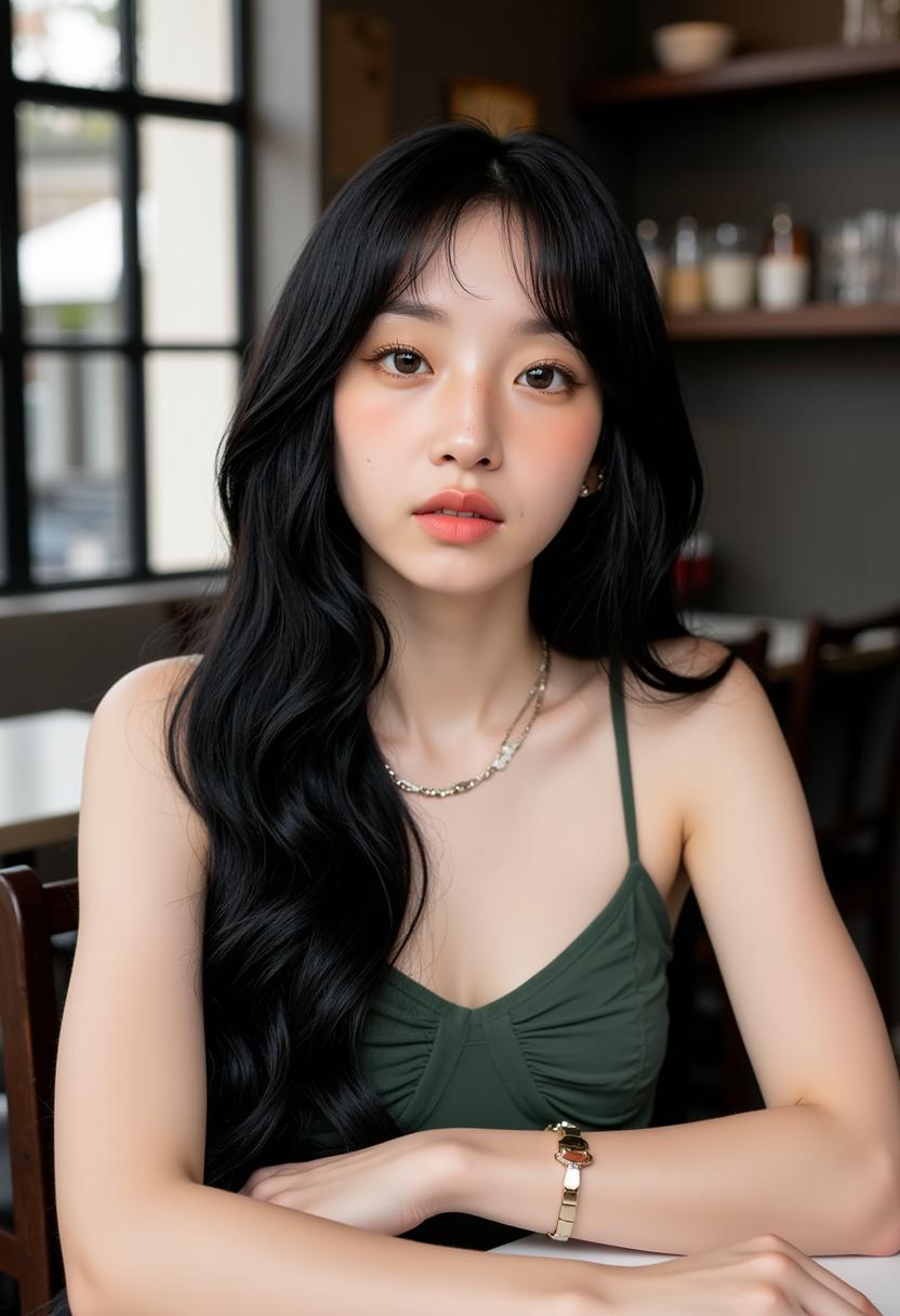 A portrait photo of QIYU7866, a 25 year old female with long black hair sitting in a cafe in Lisbon