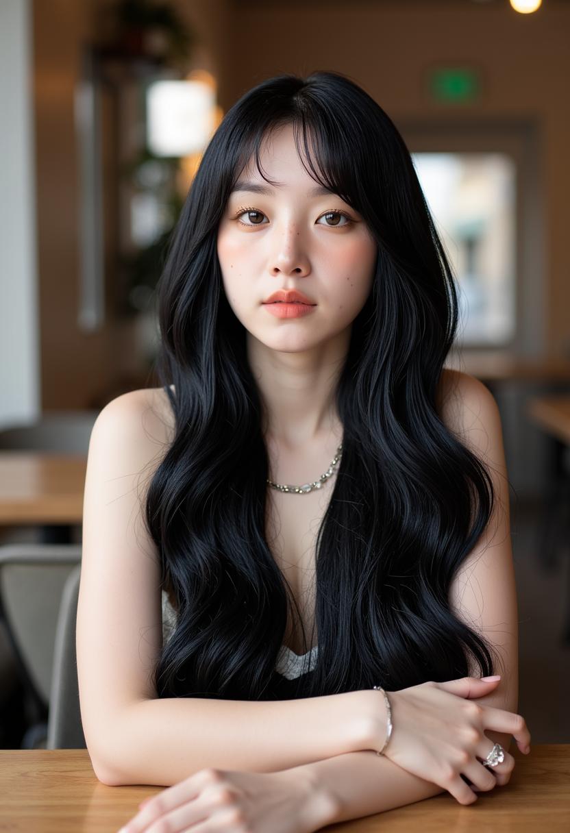 A portrait photo of QIYU7866, a 25 year old female with long black hair sitting in a cafe in Lisbon