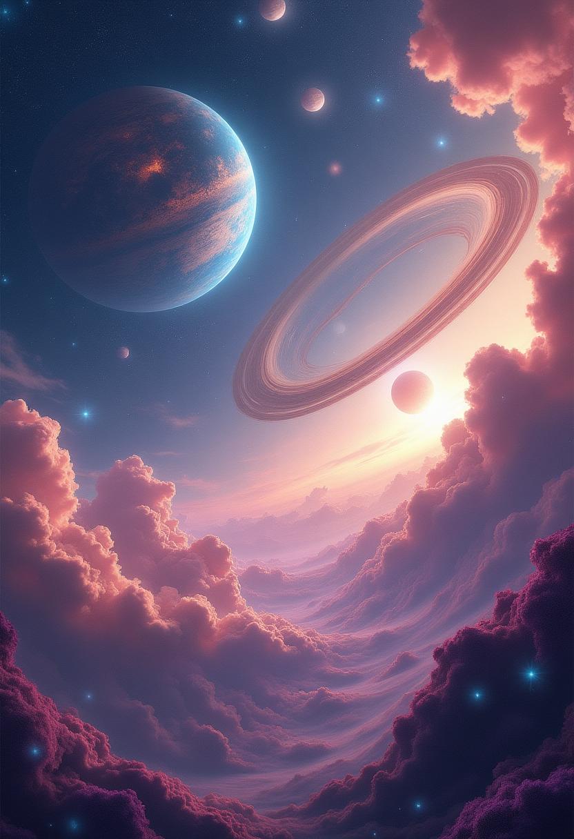 Create an ethereal, abstract cosmic panorama that conveys a profound sense of wonder and the unknown. Central to the image are intricate, ring-shaped structures and colossal planets, each vividly detailed with swirling textures and vibrant colors. The scene is bathed in a mesmerizing mix of nebulous clouds, teeming with warm pinks, purples, and deep blues. Stars and distant galaxies glitter and glimmer throughout the composition, adding layers of depth and complexity.\n\nIn the foreground, fractal patterns emerge, their delicate lines and curves reminiscent of the infinite mysteries of the cosmos. These patterns give the impression of floating in multiple dimensions beyond our own, creating an almost holographic effect. The camera angle is wide and slightly tilted, emphasizing the vastness and boundless nature of the universe.\n\nThe lighting is a luminous blend of soft glows and intense bursts, reminiscent of celestial phenomena. The overall atmosphere is one of awe-inspiring beauty and contemplation, capturing the enigmatic and infinite nature of space. Use a high-resolution, digital art style with intricate details and rich, saturated hues to bring this breathtaking vision to life.