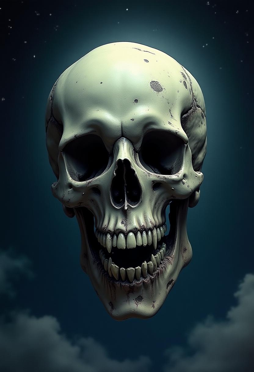 In a dark, ominous night sky, the moon has transformed into a terrifying skeletal face. Its surface is textured with decaying, rotting flesh, a ghastly contrast against the surrounding cosmos. The empty eye sockets are vast and hollow, exuding a deep, unsettling emptiness. Sharpened teeth, jagged and menacing, jut out from the twisted grin, casting sinister shadows that dance across the celestial plain. The moon's once serene glow is now a sickly pale, casting an eerie light over the quiet world below. This surreal scene is captured in the style of a dark Gothic fantasy illustration, with dramatic chiaroscuro lighting enhancing the macabre atmosphere. The composition centers the skeletal moon in the upper third of the frame, a looming presence dominating the star-speckled background. The mood is one of foreboding and unease, as if this celestial omen heralds an impending doom.
