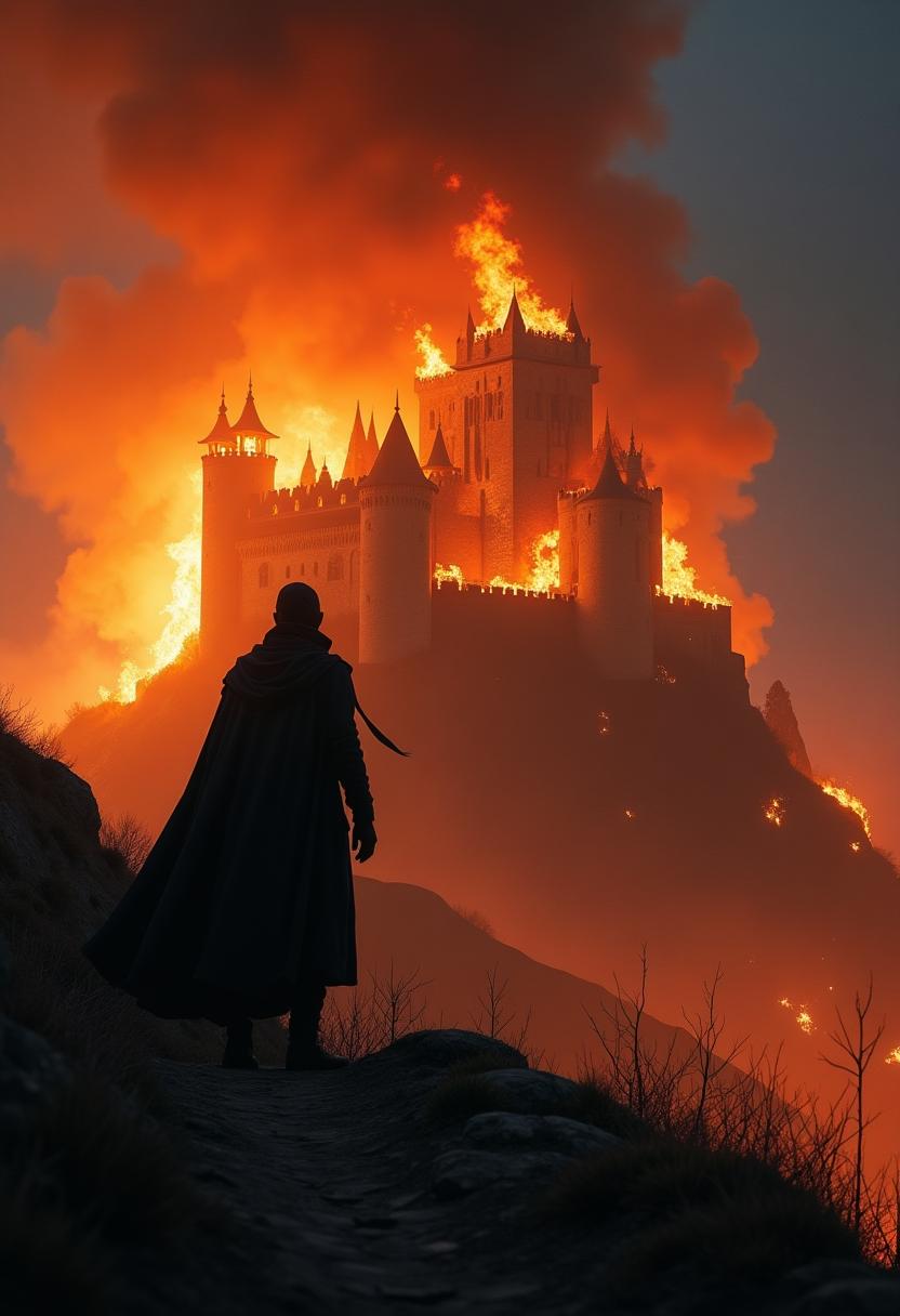 {
  "SHOT COMPOSITION": "A dramatic wide shot from a low angle, capturing the enormous castle on a steep hill in its entirety, using a 24mm wide-angle lens on a Canon 5D camera with deep depth of field to emphasize the scale and intensity of the scene.",
  "SUBJECT & WARDROBE": "In the foreground, a lone mysterious figure stands silhouetted against the inferno, dressed in a flowing dark cloak that billows slightly in the wind, their posture rigid and contemplative as they face the burning castle without any visible facial details due to the backlighting.",
  "SCENE SETTING": "The scene unfolds on a rugged hilltop at night, with the massive castle fully engulfed in roaring flames that shoot out from shattered windows and towers, while thick, billowing clouds of dark smoke rise ominously into the starry sky, illuminated by the fiery glow casting dramatic shadows across the landscape.",
  "VISUAL STYLE": "Render in a cinematic fantasy film aesthetic with high contrast, vibrant orange and red hues dominating the color grading, subtle film grain for texture, and a sense of epic drama reminiscent of a blockbuster movie still."
}