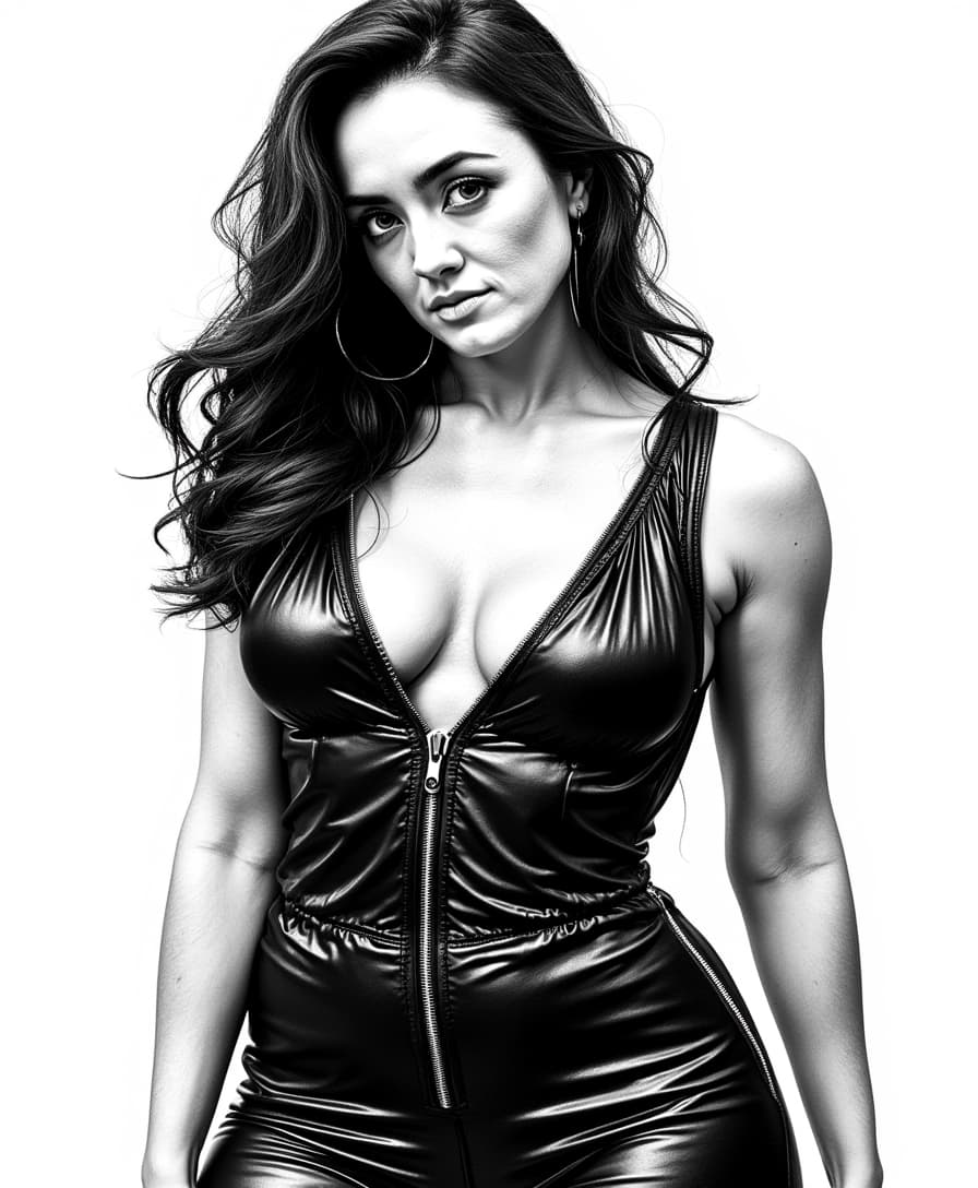 An illustration in the style of BWcomix featuring TOKALEMAP wearing a shiny black leather jumpsuit, unzipped to reveal cleavage. She has a sultry, alluring look. The scene is rendered in high contrast dramatic lighting, with sharp shadows and bright highlights to enhance the texture and sheen of the leather. The artwork is characterized by comic inked lines and strokes, emphasizing contours and details. An intimate, close-up composition with a slightly low camera angle captures her confident and seductive pose. The background is minimalistic to keep the focus on Salma, creating a striking and enticing atmosphere. No signature. Empty white background