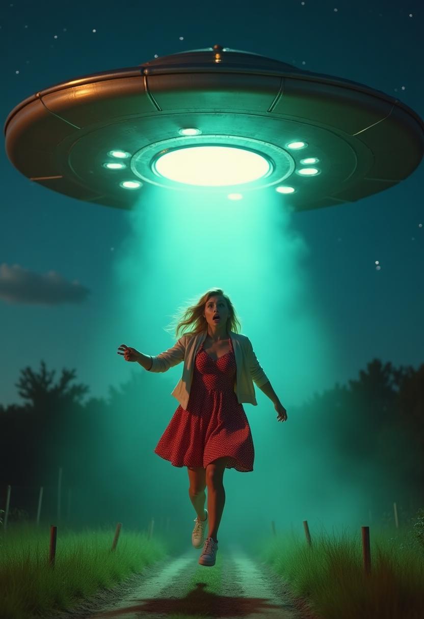 {
  "SHOT COMPOSITION": "Wide shot captured with a 24mm wide-angle lens on a Sony A7S III camera, emphasizing the dramatic scale of the abduction scene with a deep depth of field to keep both the woman and the flying saucer in sharp focus, framing her from a low angle looking up to heighten the sense of vulnerability and otherworldly power.",
  "SUBJECT & WARDROBE": "A young blonde woman in her mid-20s with long wavy hair, wide blue eyes filled with terror, and a scared expression of wide-mouthed shock as she is lifted off the ground by a glowing tractor beam; she wears a retro 1950s-style polka-dot dress in vibrant red, white sneakers, and a light cardigan, her arms flailing desperately while her body is suspended mid-air in the beam's ethereal pull.",
  "SCENE SETTING": "Set in a dimly lit rural countryside at night under a starry sky, with the massive metallic flying saucer hovering ominously above, emitting a pulsating blue-green tractor beam that illuminates the scene with vibrant, otherworldly light; the tone is tense and dramatic, evoking a sense of isolation and impending doom in this pulp sci-fi encounter.",
  "VISUAL STYLE": "Rendered in a pulp fiction aesthetic reminiscent of 1950s sci-fi comics and B-movies, with intricate highly detailed elements like textured saucer surfaces and swirling energy effects, cinematic film grain for a vintage feel, vibrant colors popping in