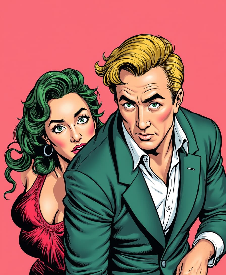 This image is a comic book panel, characterized by its bold lines, flat colors, and dramatic poses. The art style is reminiscent of the 1940s to 1950s comic book era, with a focus on exaggerated features and a clear, dynamic composition.The medium appears to be ink on paper, with the lines being thick and black, giving the characters a threedimensional form. The colors are bright and primary, with a limited palette that includes shades of pink, green, blue, and black. The use of color is quite minimal, with the exception of the characters clothing and the background, which is a solid pink hue.In the foreground, there is a blonde male character with a muscular build, dressesd as a pulp fiction private detective. His expression is one of determination and readiness, with his eyebrows slightly furrowed and his mouth set in a straight line. His hair is styled in a classic 1940s fashion, with a slight wave at the top.Behind the male character, there is a female character TOKALEMAP with long, flowing green wearing a low cut neckline red velvet dress. TOKALEMAP hair is styled in a way that it cascades down her back and over her shoulders. TTOKALEMAP characters eyes are wide and her mouth agape, as if she is in the midst of speaking or reacting to something. Her expression is one of surprise or alarm. Both characters are set against a simple, unadorned background that consists of a plain pink wall. The background is devoid of any other objects or characters, focusing the entire attention on the two main figures.