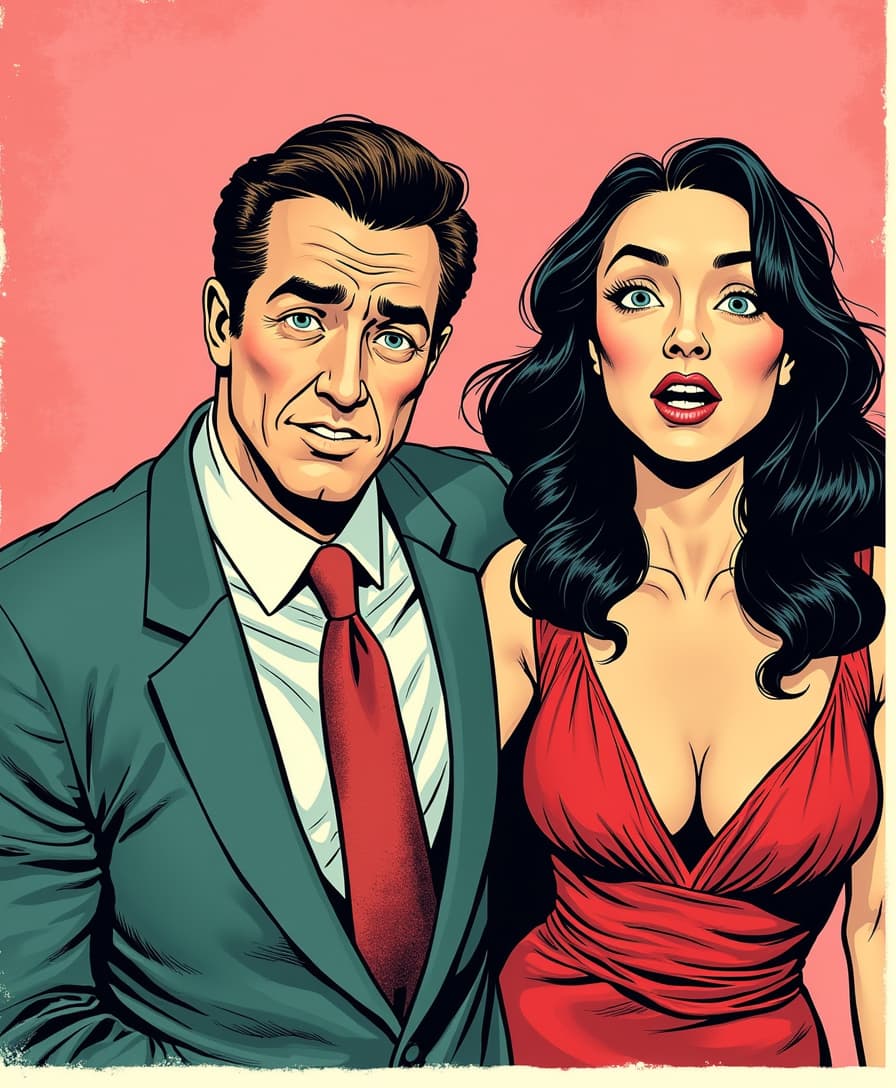 This image is a comic book panel, characterized by its bold lines, flat colors, and dramatic poses. The art style is reminiscent of the 1940s to 1950s comic book era, with a focus on exaggerated features and a clear, dynamic composition.The medium appears to be ink on paper, with the lines being thick and black, giving the characters a threedimensional form. The colors are bright and primary, with a limited palette that includes shades of pink, green, blue, and black. The use of color is quite minimal, with the exception of the characters clothing and the background, which is a solid pink hue.In the foreground, there is a brunette male character with a muscular build, dressesd as a pulp fiction private detective. His expression is one of determination and readiness, with his eyebrows slightly furrowed and his mouth set in a straight line. His hair is styled in a classic 1940s fashion, with a slight wave at the top.Behind the male character, there is a female character TOKALEMAP with long, flowing black hair, wearing a low cut neckline red velvet dress. TOKALEMAP hair is styled in a way that it cascades down her back and over her shoulders. TOKALEMAP characters eyes are wide and her mouth agape, as if she is in the midst of speaking or reacting to something. Her expression is one of surprise or alarm. Both characters are set against a simple, unadorned background that consists of a plain pink wall. The background is devoid of any other objects or characters, focusing the entire attention on the two main figures.